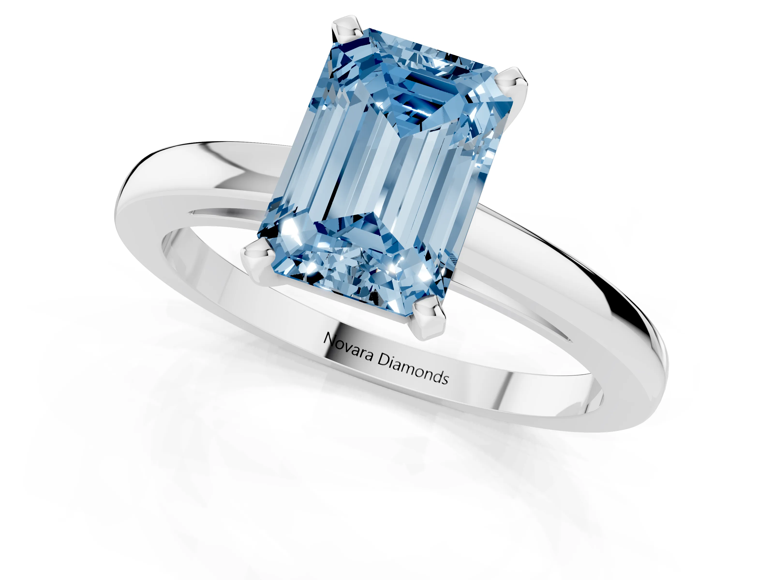 Fancy Blue Emerald Cut Diamond Solitaire Engagement Ring Set in Platinum with Prong Setting on a Classic Band