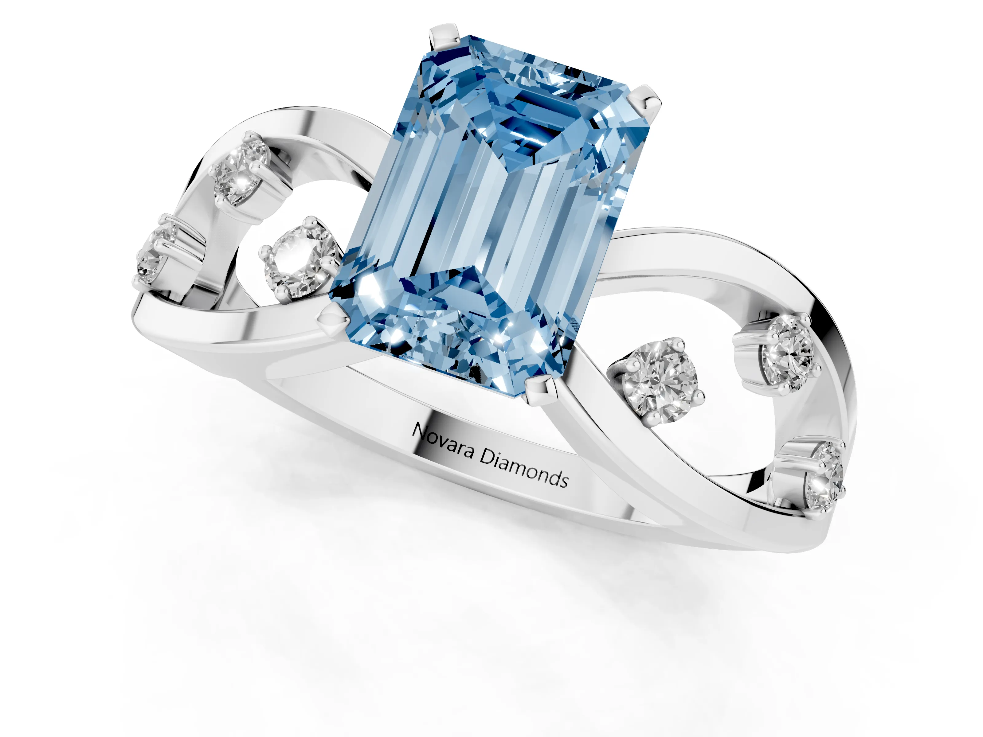 Fancy Blue Emerald Cut Diamond Solitaire Ring Set in Platinum with Side Stones on Criss-Cross Band and Prong Setting