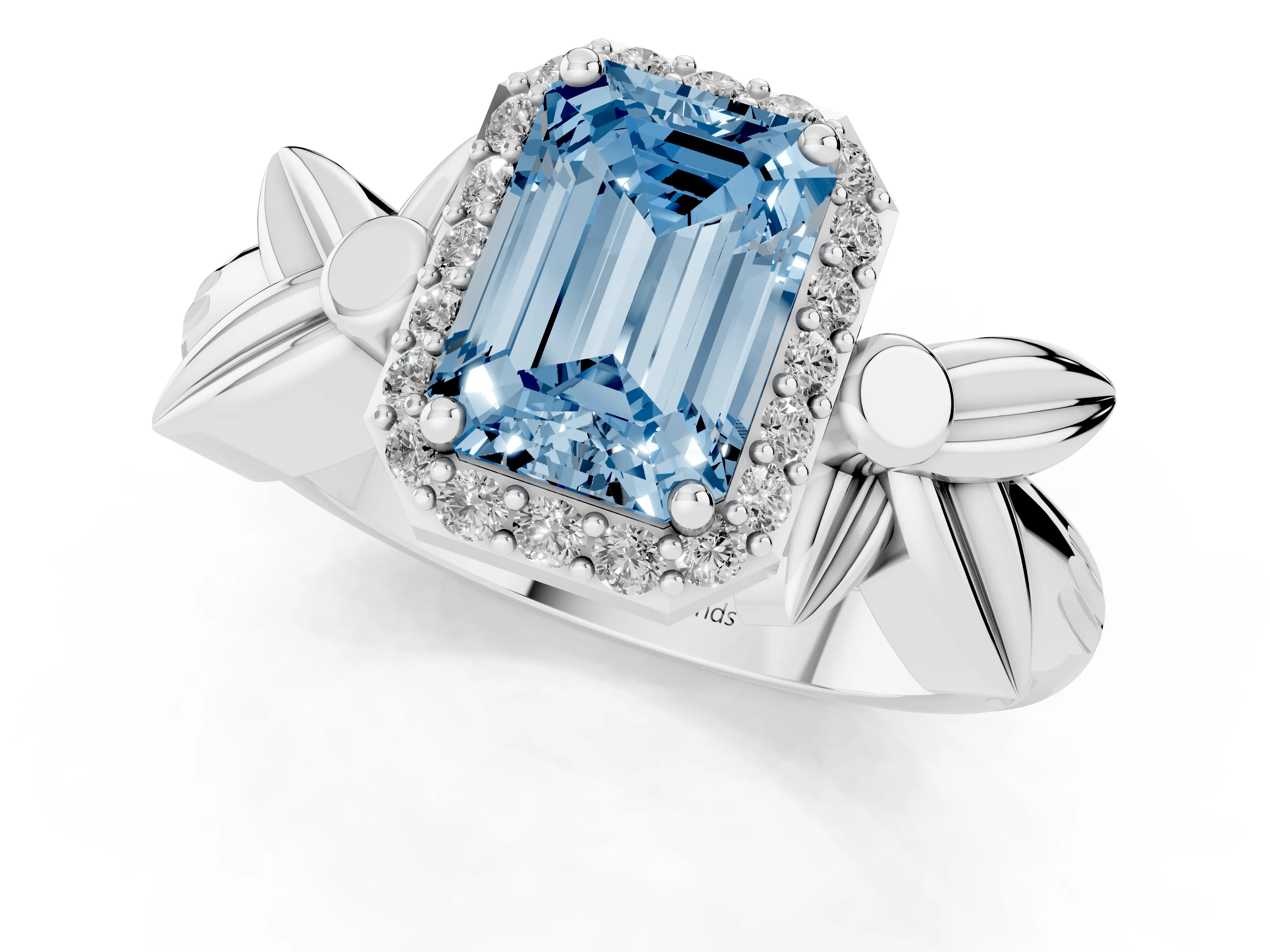 Fancy Blue Emerald Cut Diamond Halo Floral Band Ring Set in White gold with Prong Setting