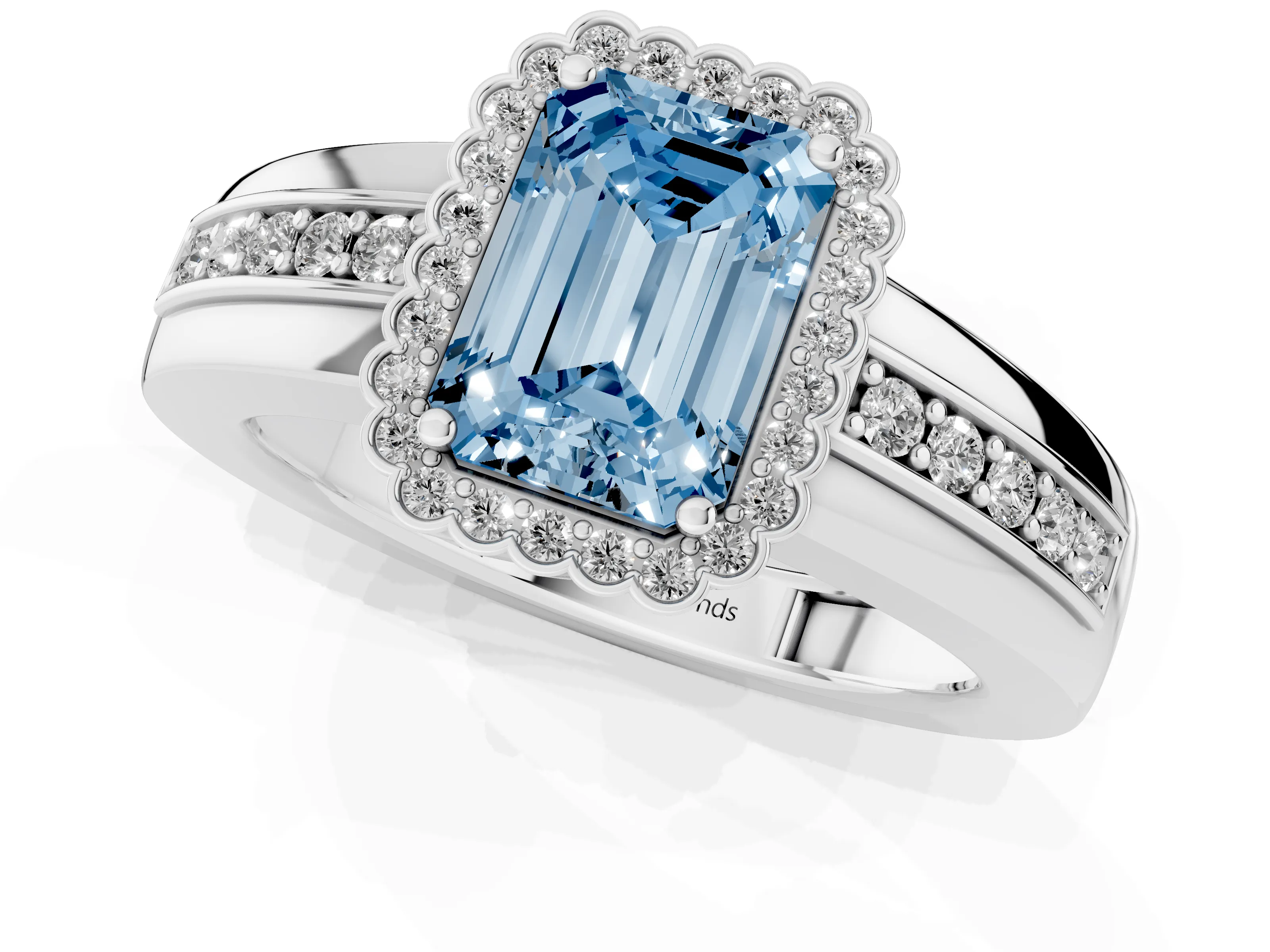 Fancy Blue Emerald Cut Diamond Halo Prong Ring Set in White gold with Pavé Band