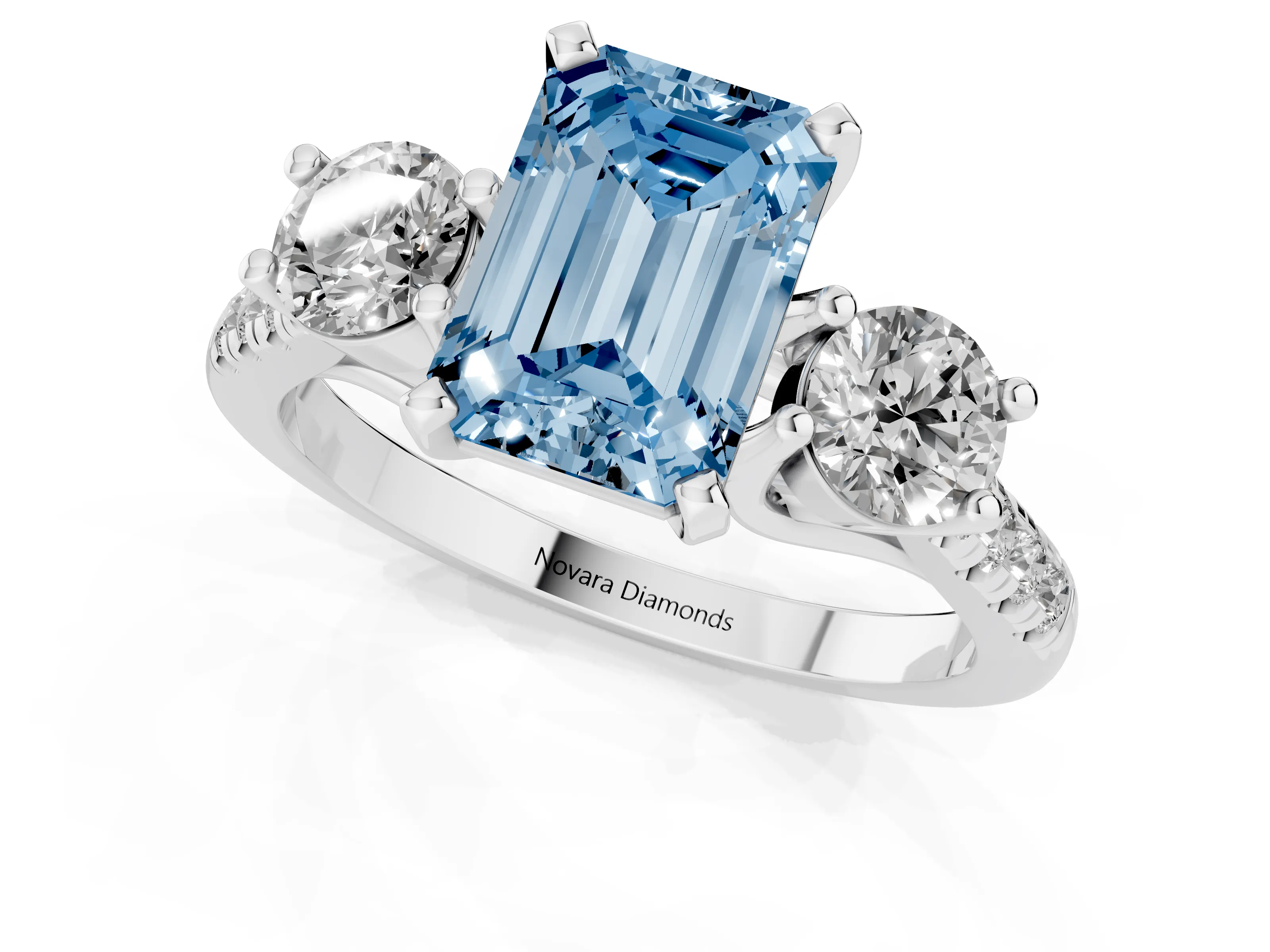 Fancy Blue Three-Stone Emerald Cut Diamond Pavé Band Ring Set in Platinum with Prong-Set Trio
