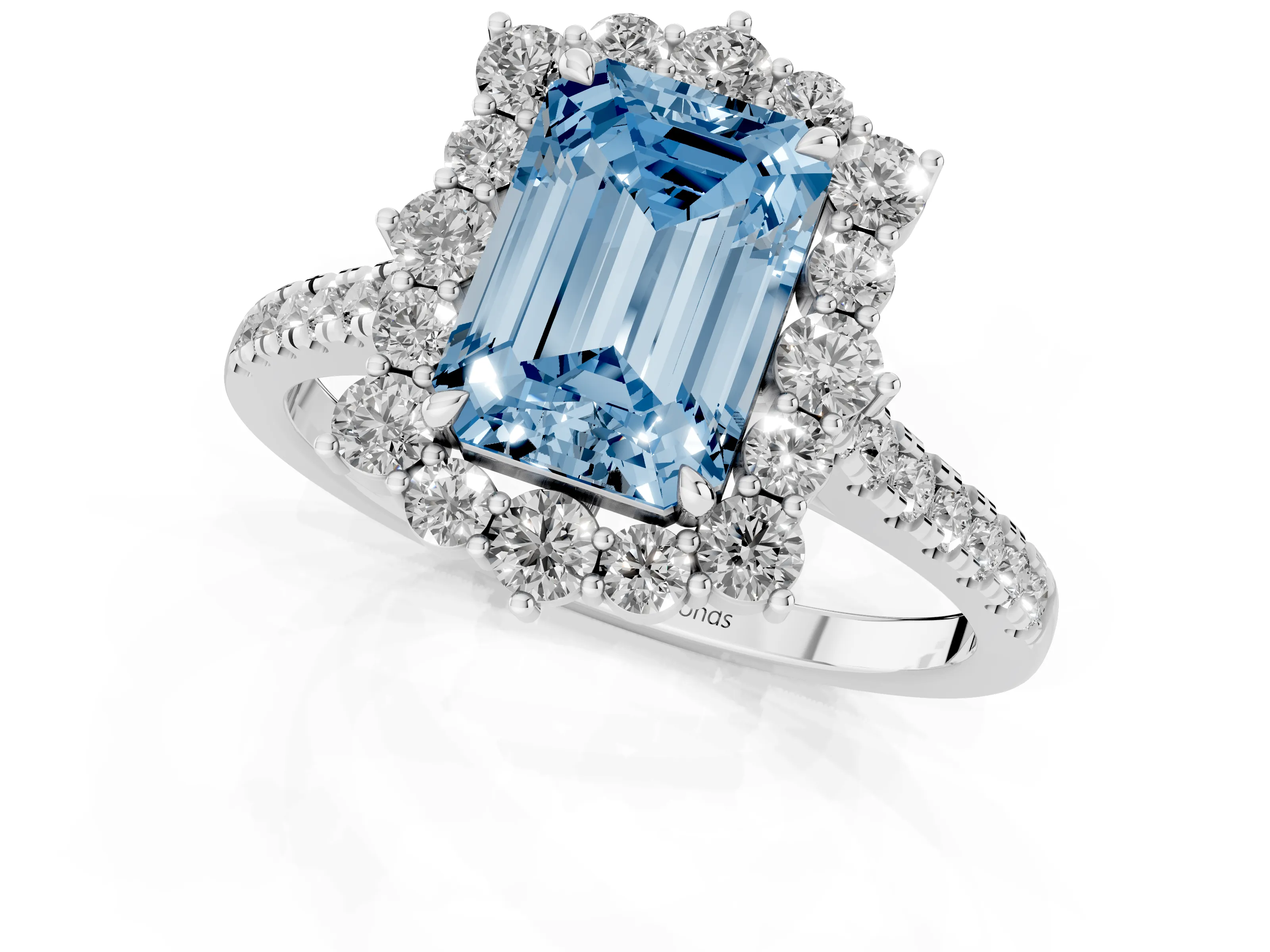 Fancy Blue Emerald Cut Diamond Halo Ring Set in Silver with Pavé Band and Prong Setting