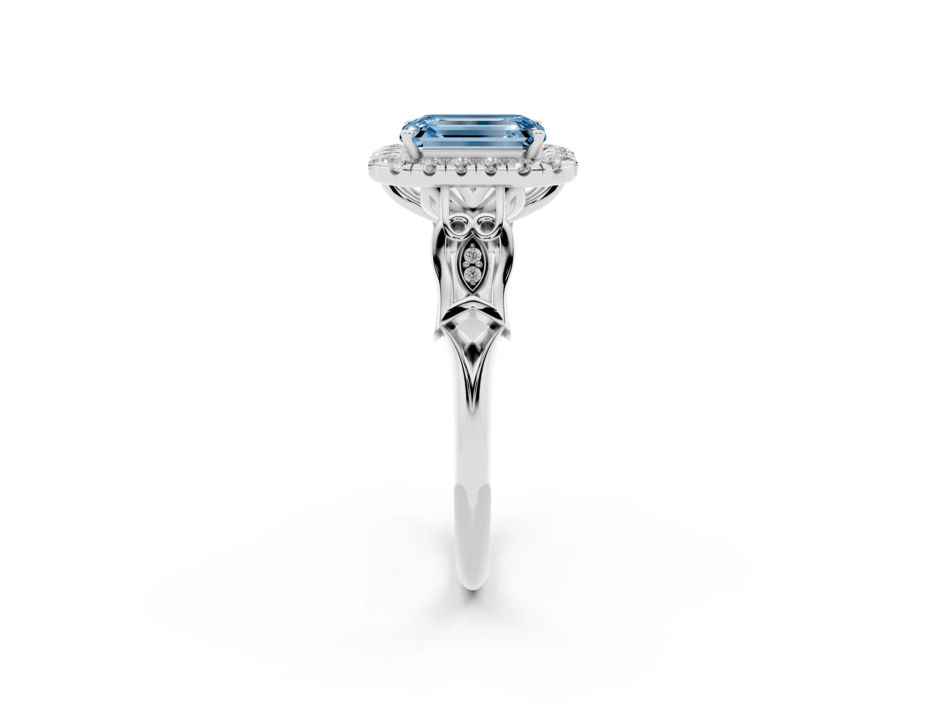 Fancy Blue Emerald Cut Diamond Halo Engagement Ring Set in Platinum with Filigree Band and Prong-Set Center