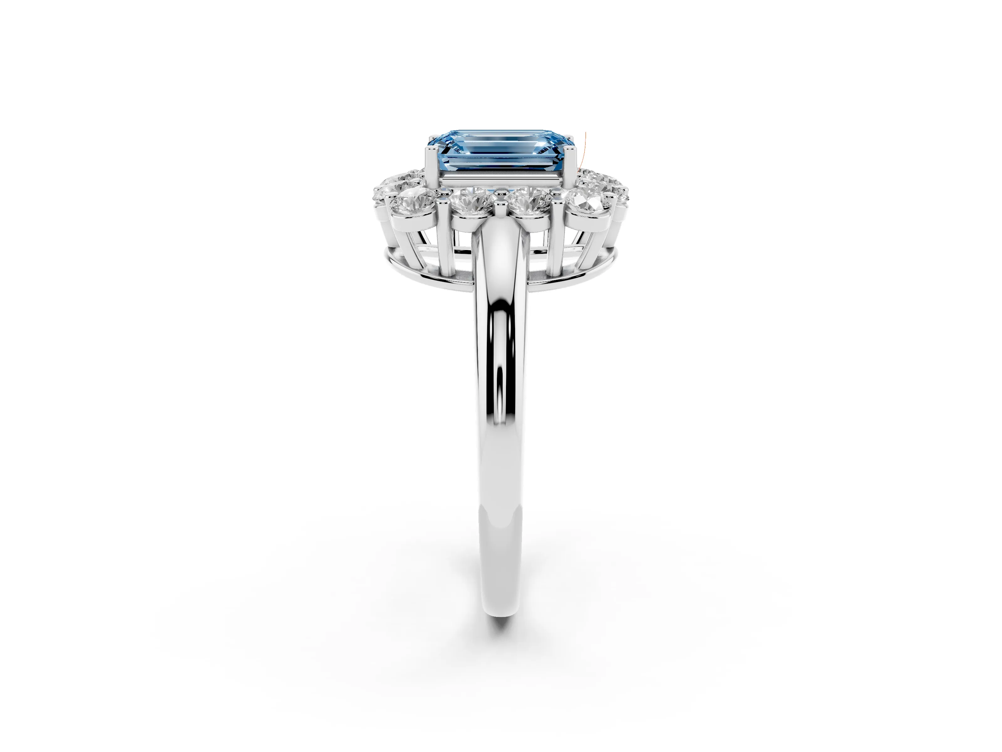 Fancy Blue Emerald Cut Diamond Halo Cluster Engagement Ring Set in White gold with Polished Band and Prong Setting