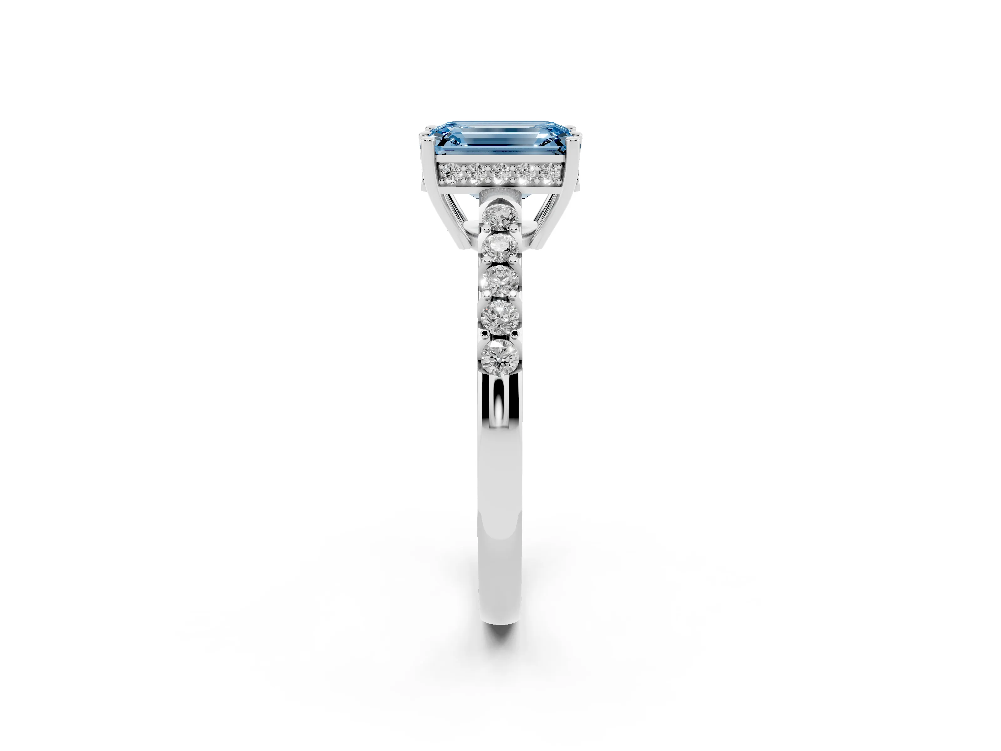 Fancy Blue Emerald Cut Diamond Solitaire Engagement Ring Set in Silver with Pavé Band and Prong Setting