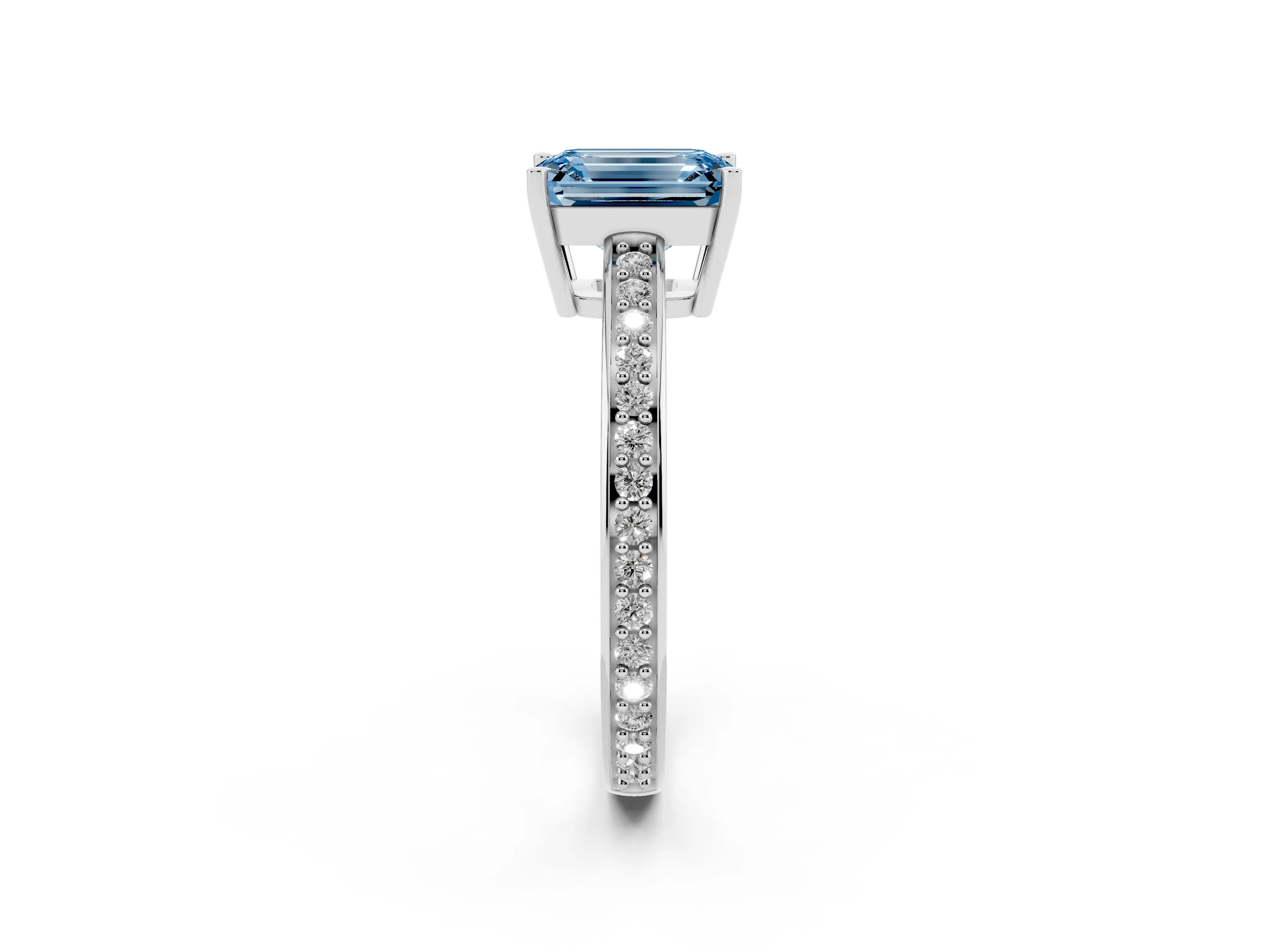 Fancy Blue Emerald Cut Diamond Pavé Band Prong Set Solitaire Ring Set in Platinum