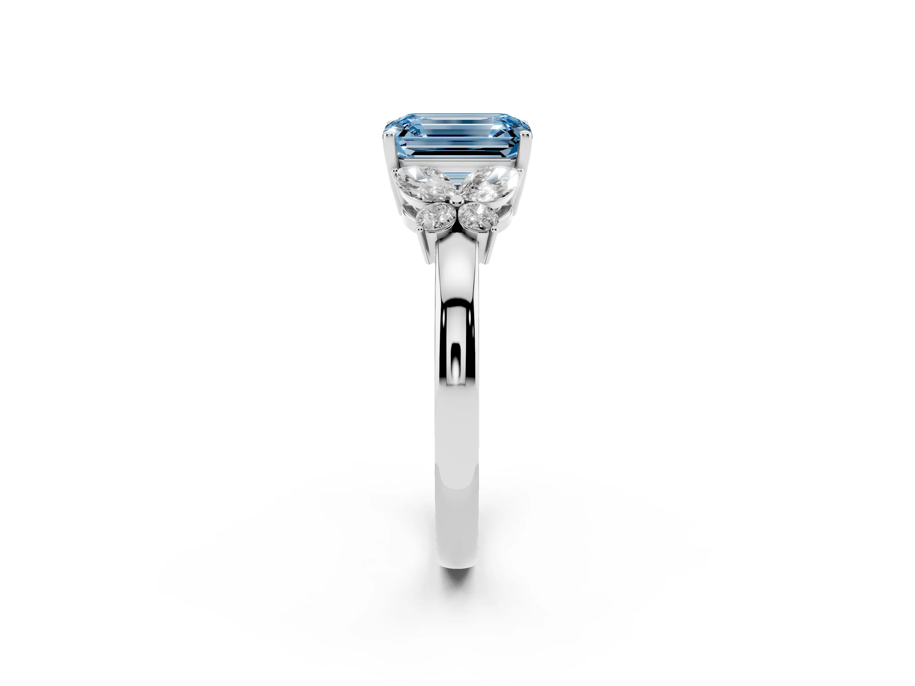 Fancy Blue Emerald Cut Diamond Solitaire Floral Ring Set in Silver with Marquise Petals and Prong Setting