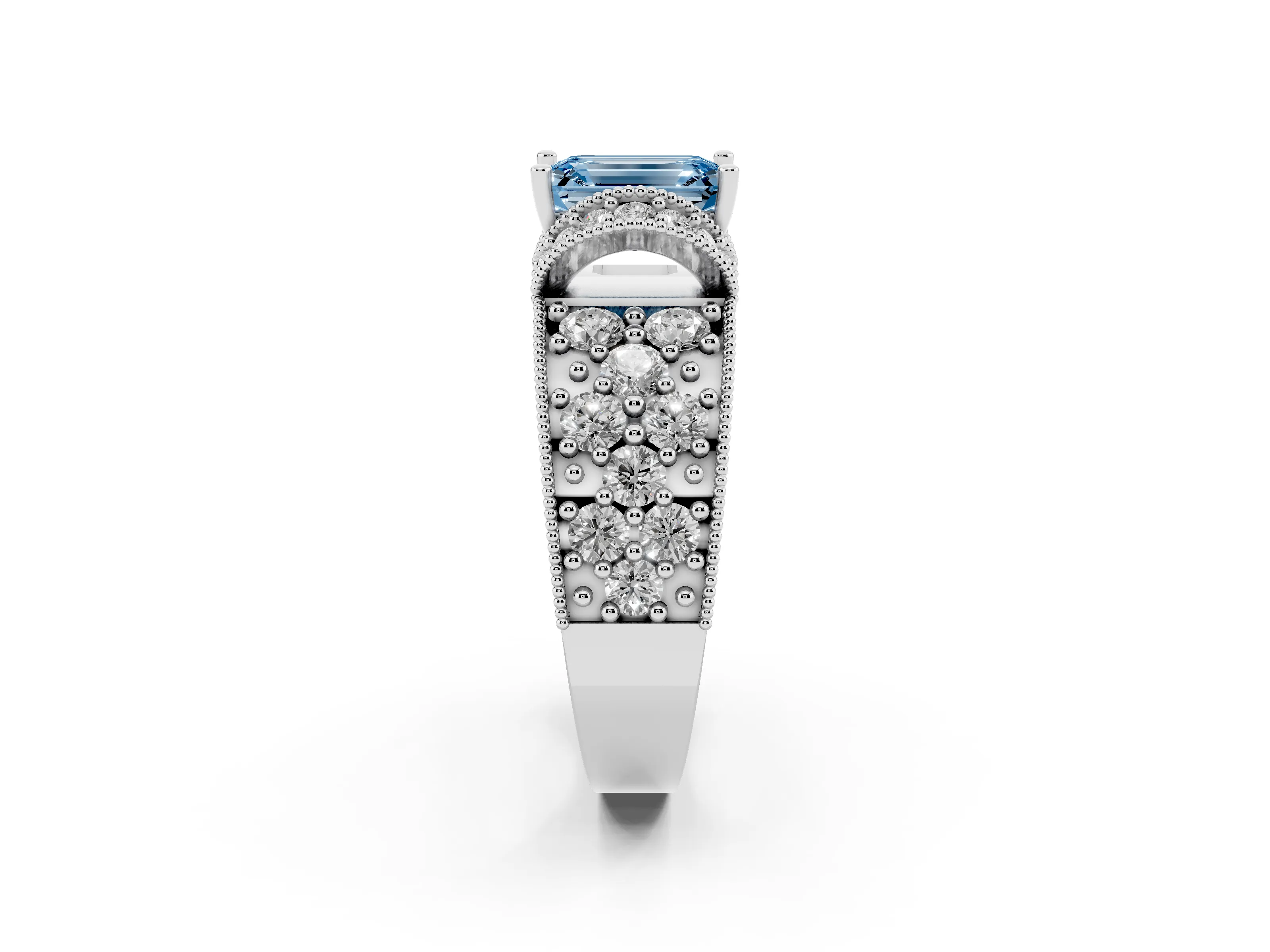 Fancy Blue Emerald Cut Diamond Milgrain Halo Pavé Engagement Ring Set in Silver with Prong Setting