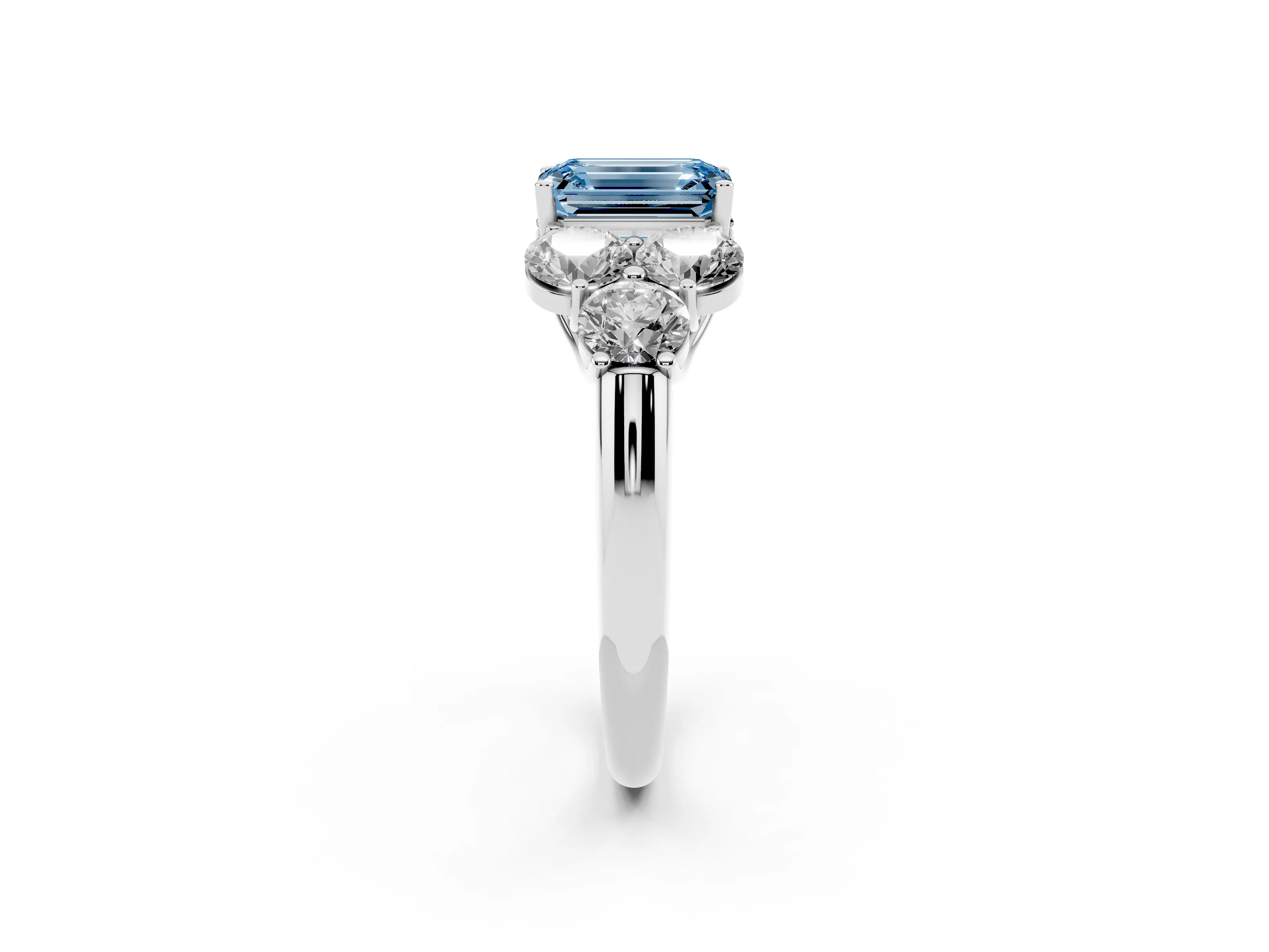 Fancy Blue Emerald Cut Diamond Cluster Ring Set in Silver with Round Accent Stones and Prong Setting on a Plain Band