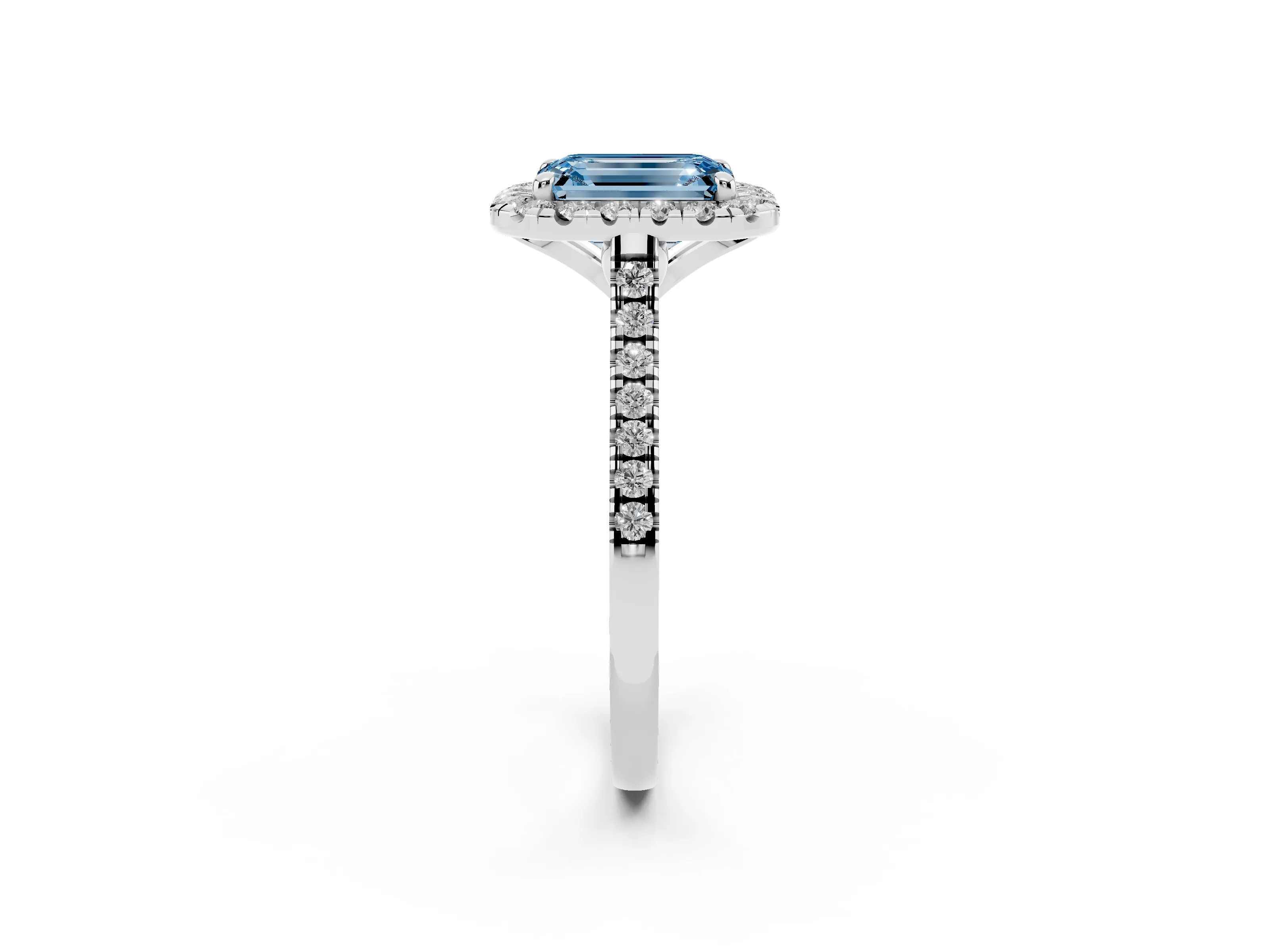 Fancy Blue Emerald Cut Diamond Cushion Halo Ring Set in Platinum with Pavé Band