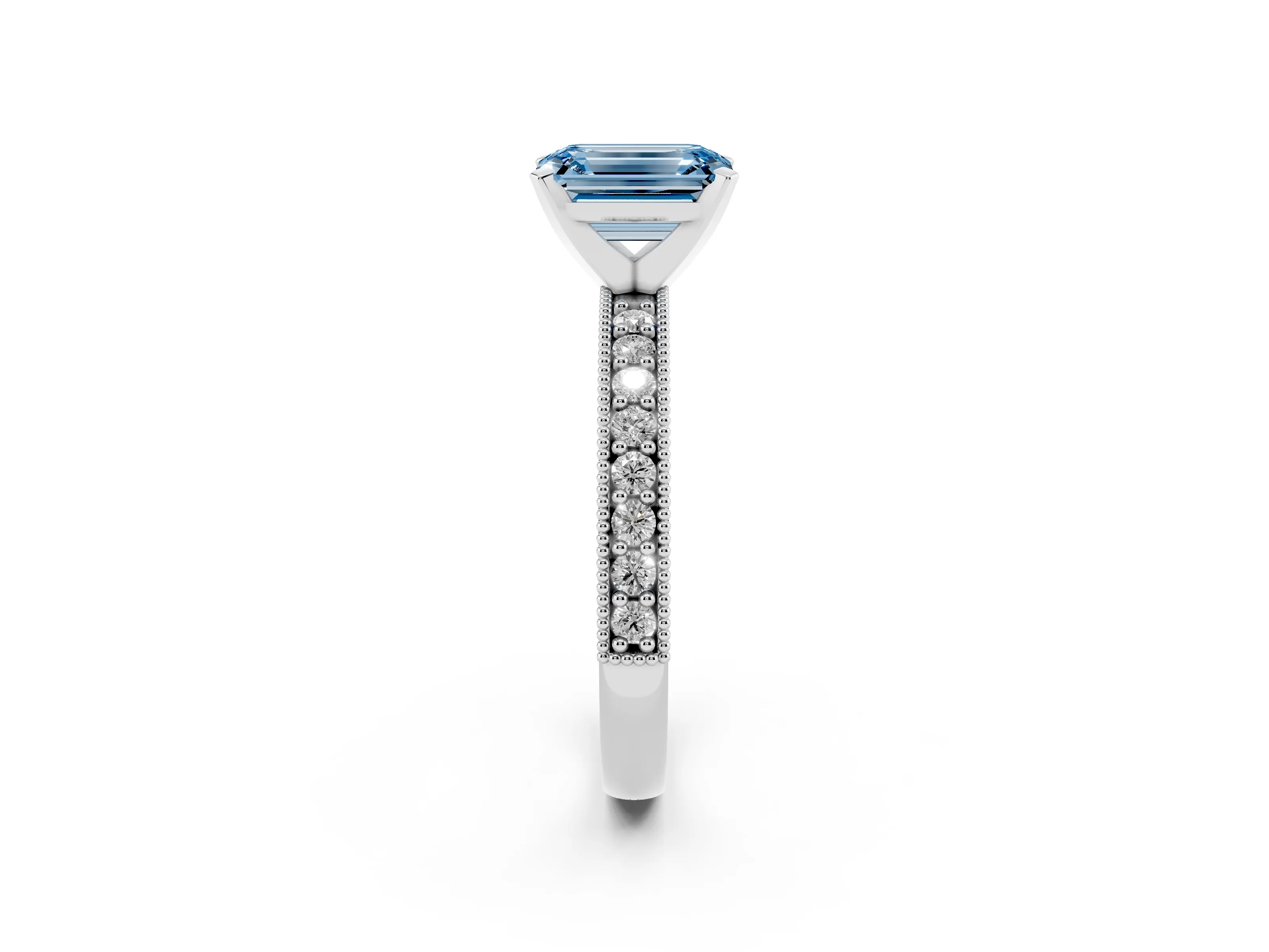 Fancy Blue Emerald Cut Diamond Milgrain Pavé Engagement Ring Set in Silver with Prong Setting