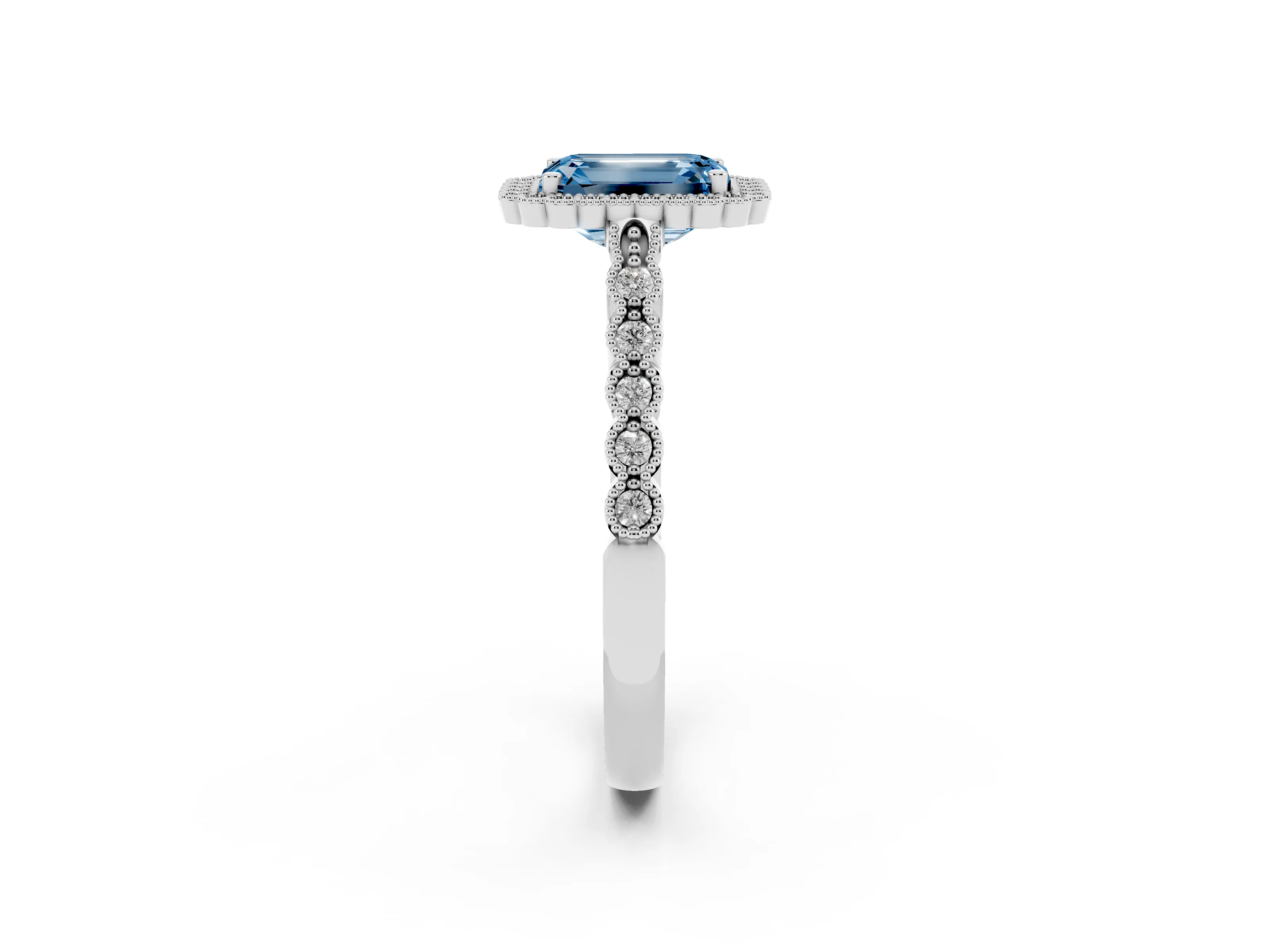 Fancy Blue Emerald Cut Diamond Halo Ring Set in White gold with Pavé Milgrain Band