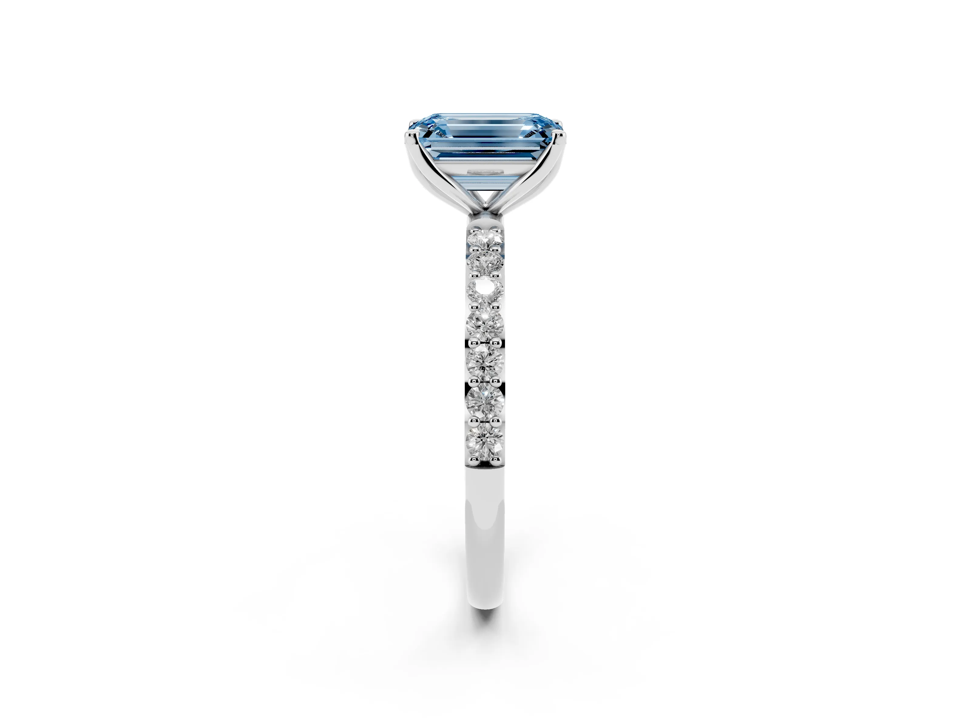 Fancy Blue Emerald Cut Diamond Solitaire Engagement Ring Set in White gold with Round Pavé Band and Prong Setting
