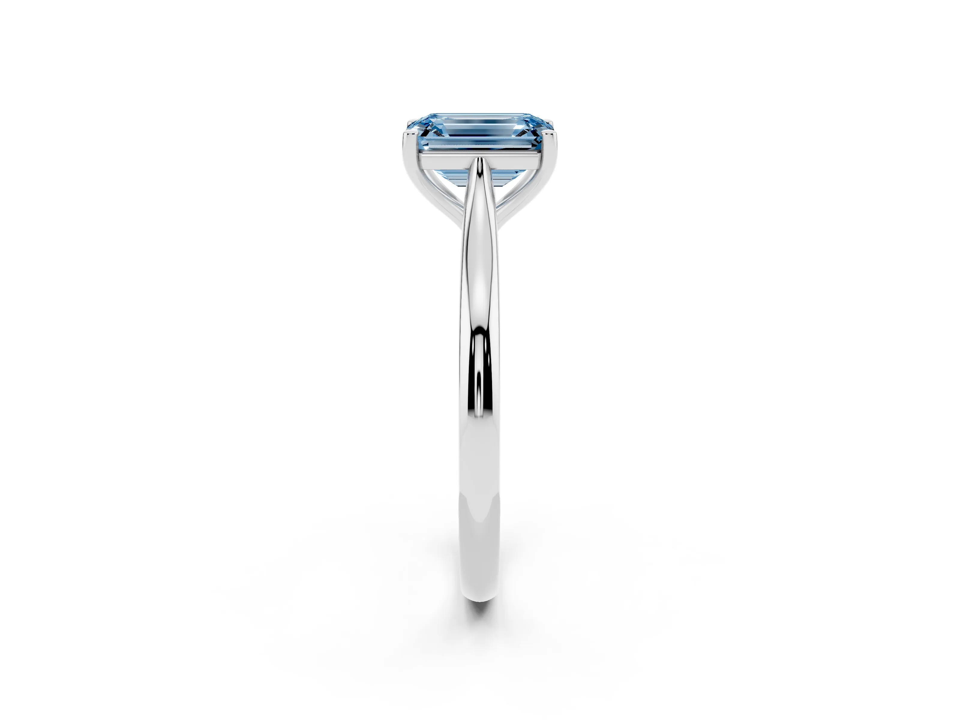 Fancy Blue Emerald Cut Diamond Solitaire Ring Set in White gold with Cathedral Band and Prong Setting