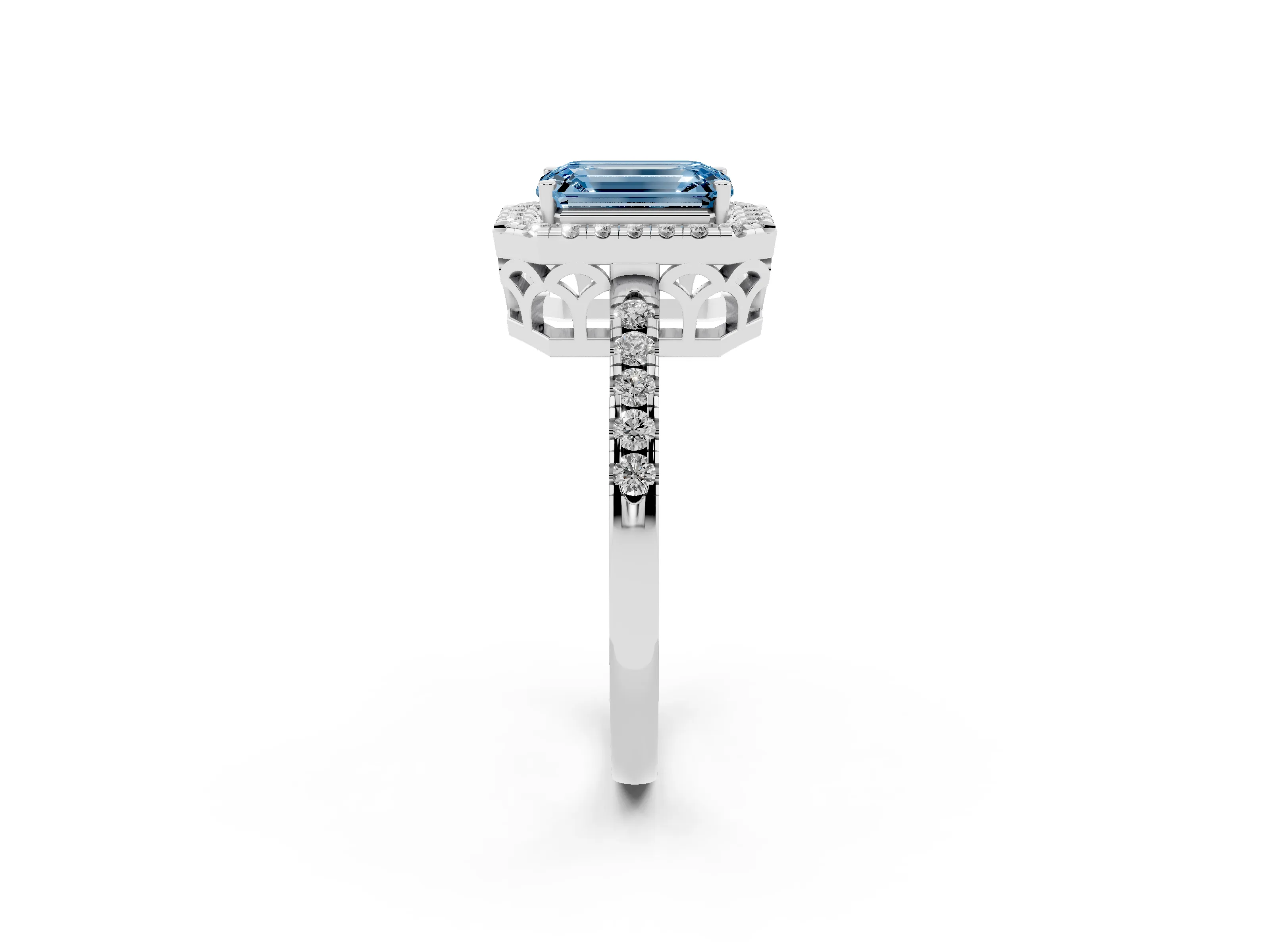 Fancy Blue Emerald Cut Diamond Pavé Band Halo Engagement Ring Set in White gold with Prong Setting