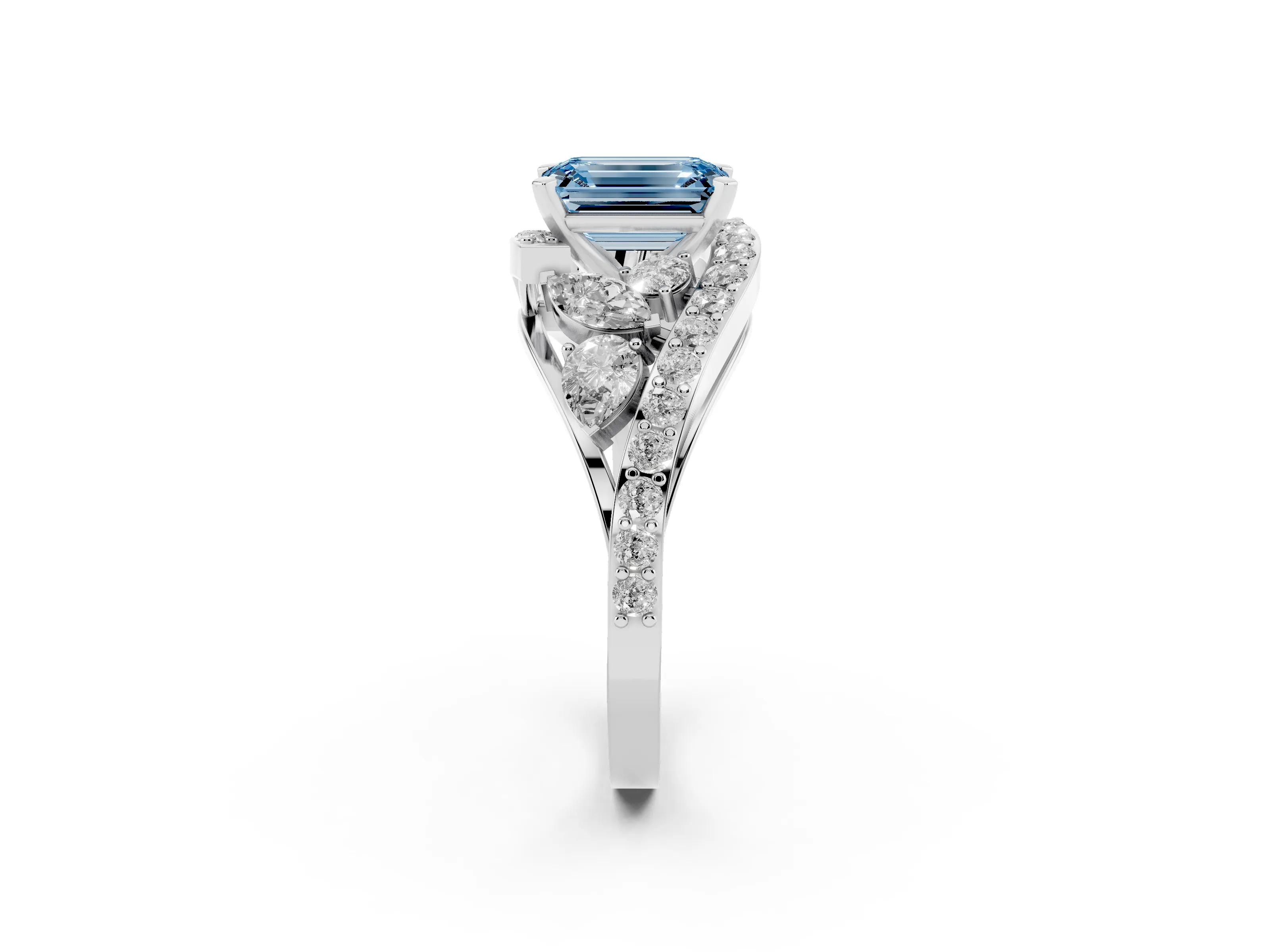Fancy Blue Emerald Cut Diamond Halo Ring Set in Silver with Marquise and Pavé Band in Prong Setting