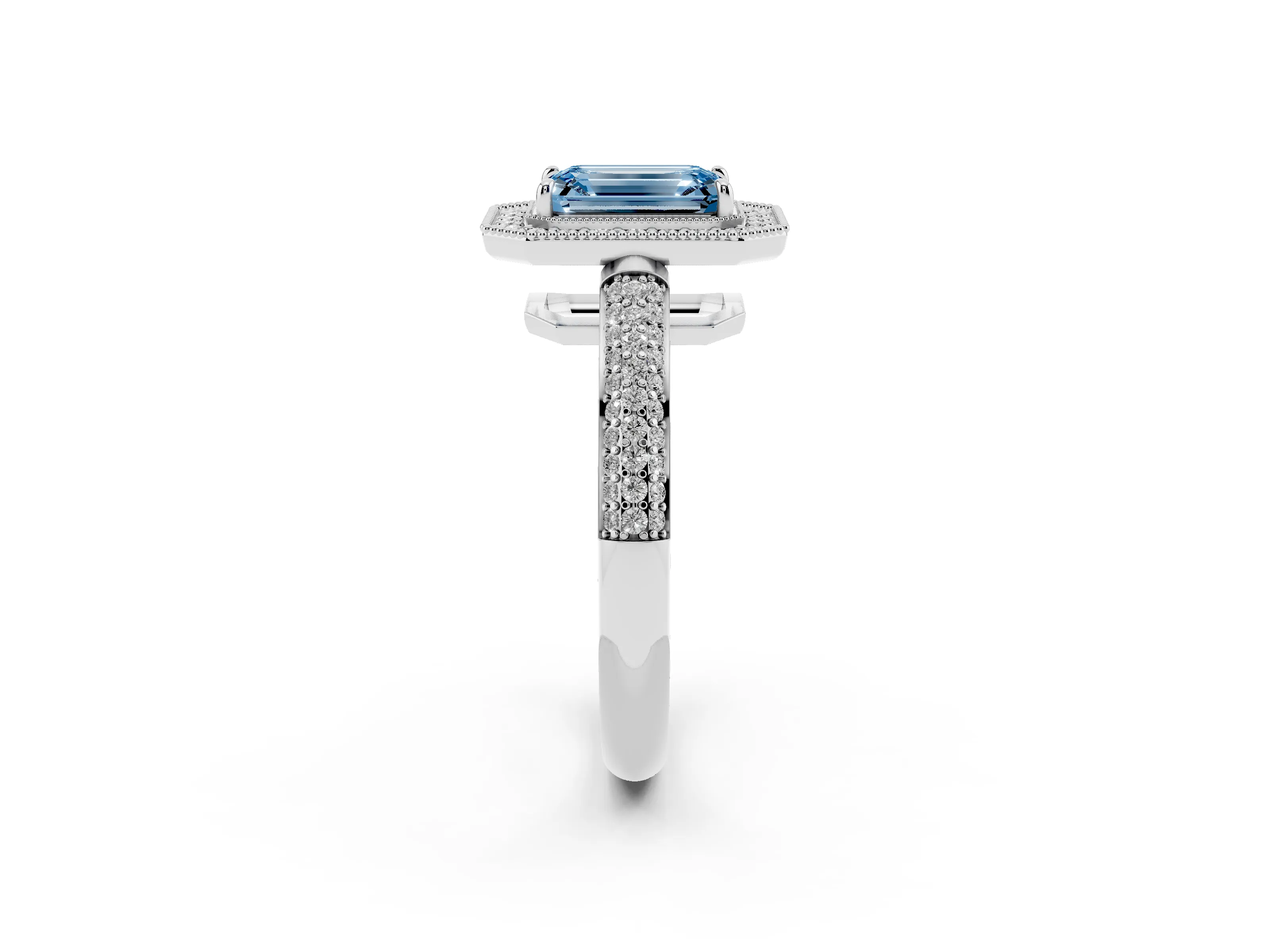 Fancy Blue Emerald Cut Diamond Halo Pavé Band Set in Platinum with Prong Setting