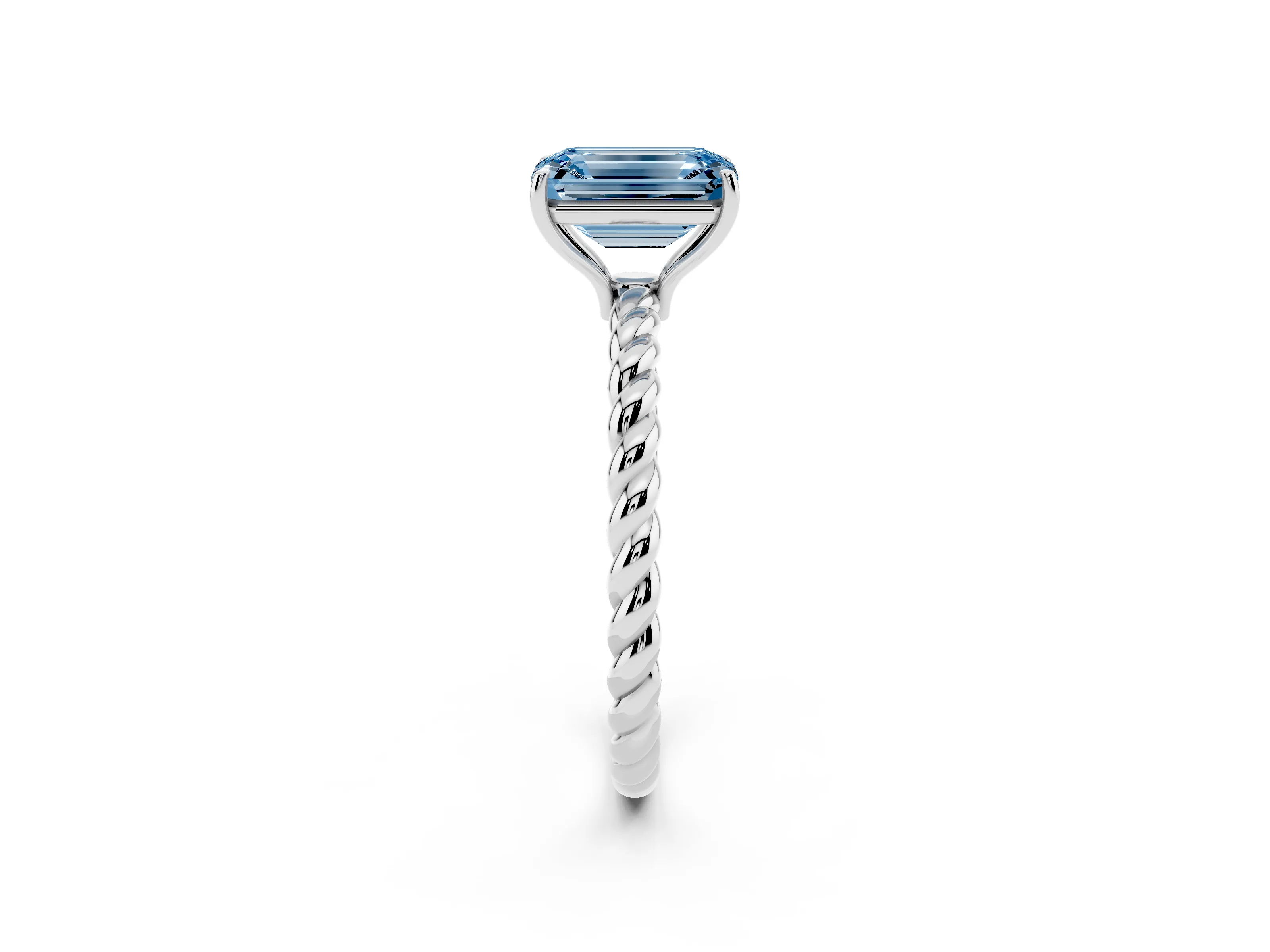 Fancy Blue Emerald Cut Diamond Solitaire Ring Set in Platinum with Twist Band and Prong Setting