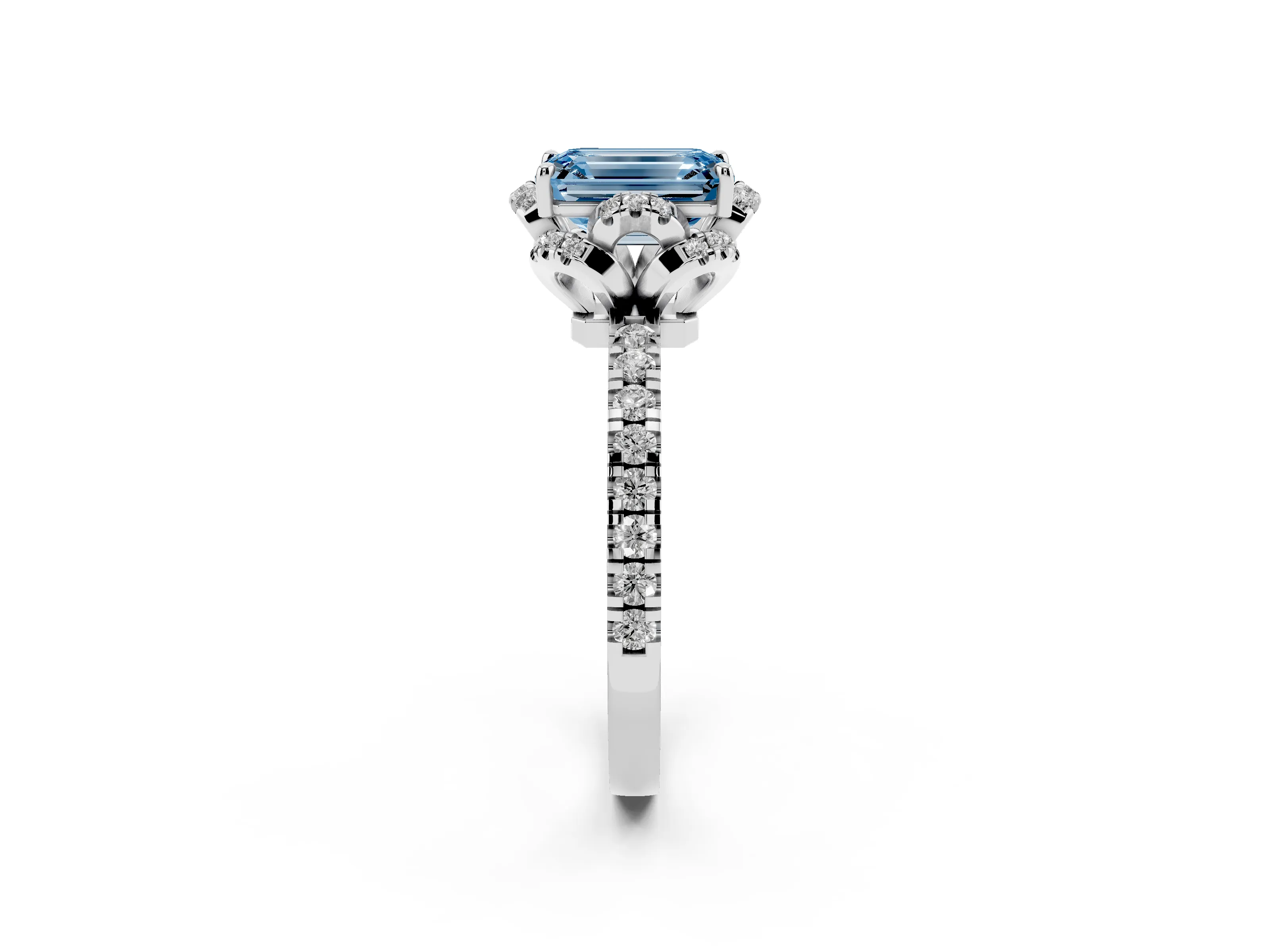 Fancy Blue Emerald Cut Diamond Halo Pavé Band Ring Set in Platinum with Prong-Held Center