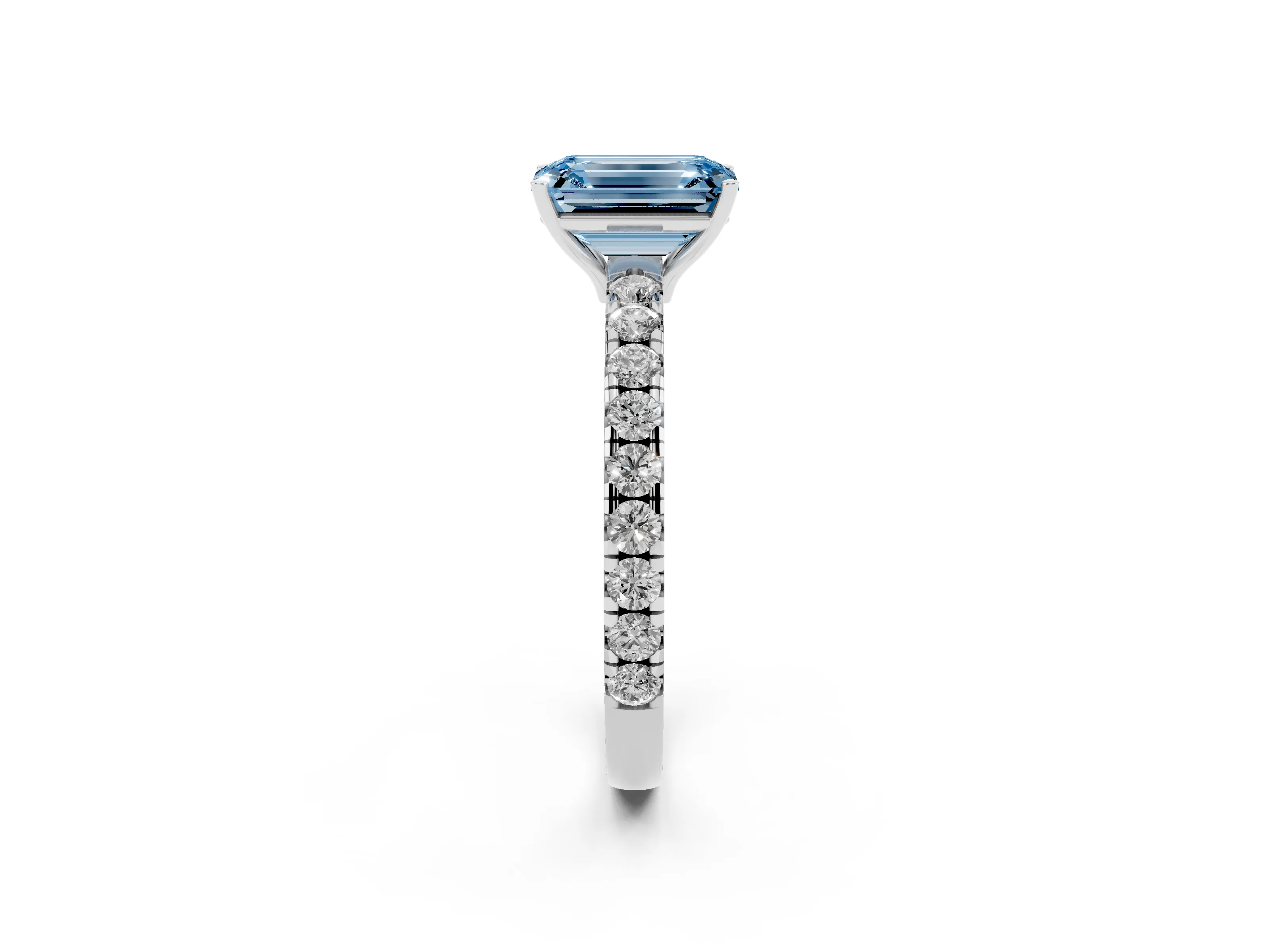 Fancy Blue Emerald Cut Diamond Pavé Solitaire Engagement Ring Set in Platinum with Prong Setting