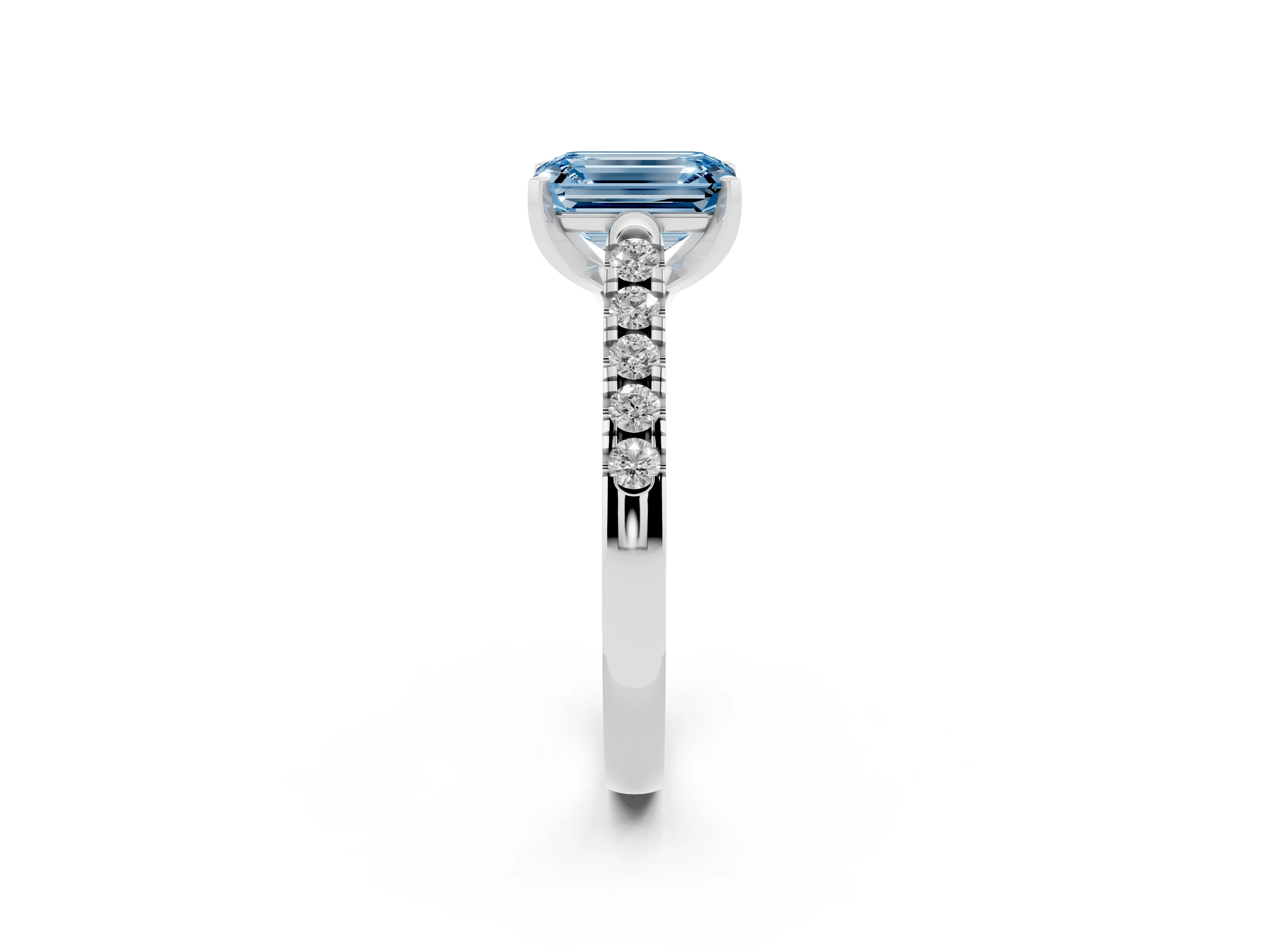 Fancy Blue Emerald Cut Diamond Pavé Band Solitaire Ring Set in White gold with Partway Accent Stones and Prong Setting