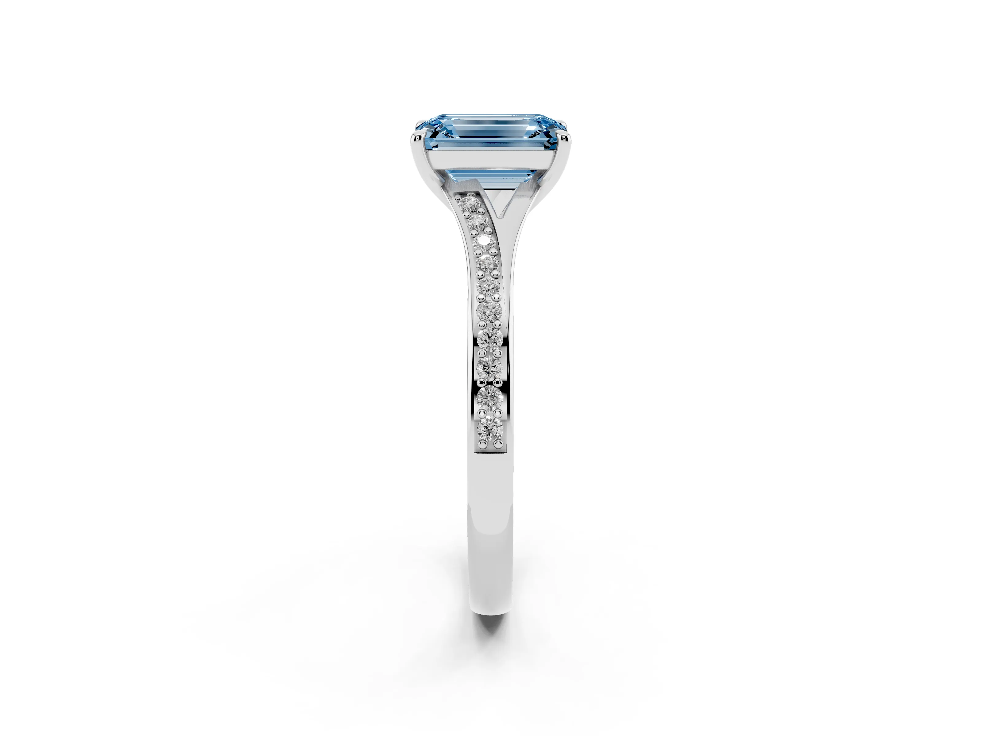 Fancy Blue Emerald Cut Diamond Solitaire Ring Set in Silver with Pavé Accent Band and Classic Prong Setting