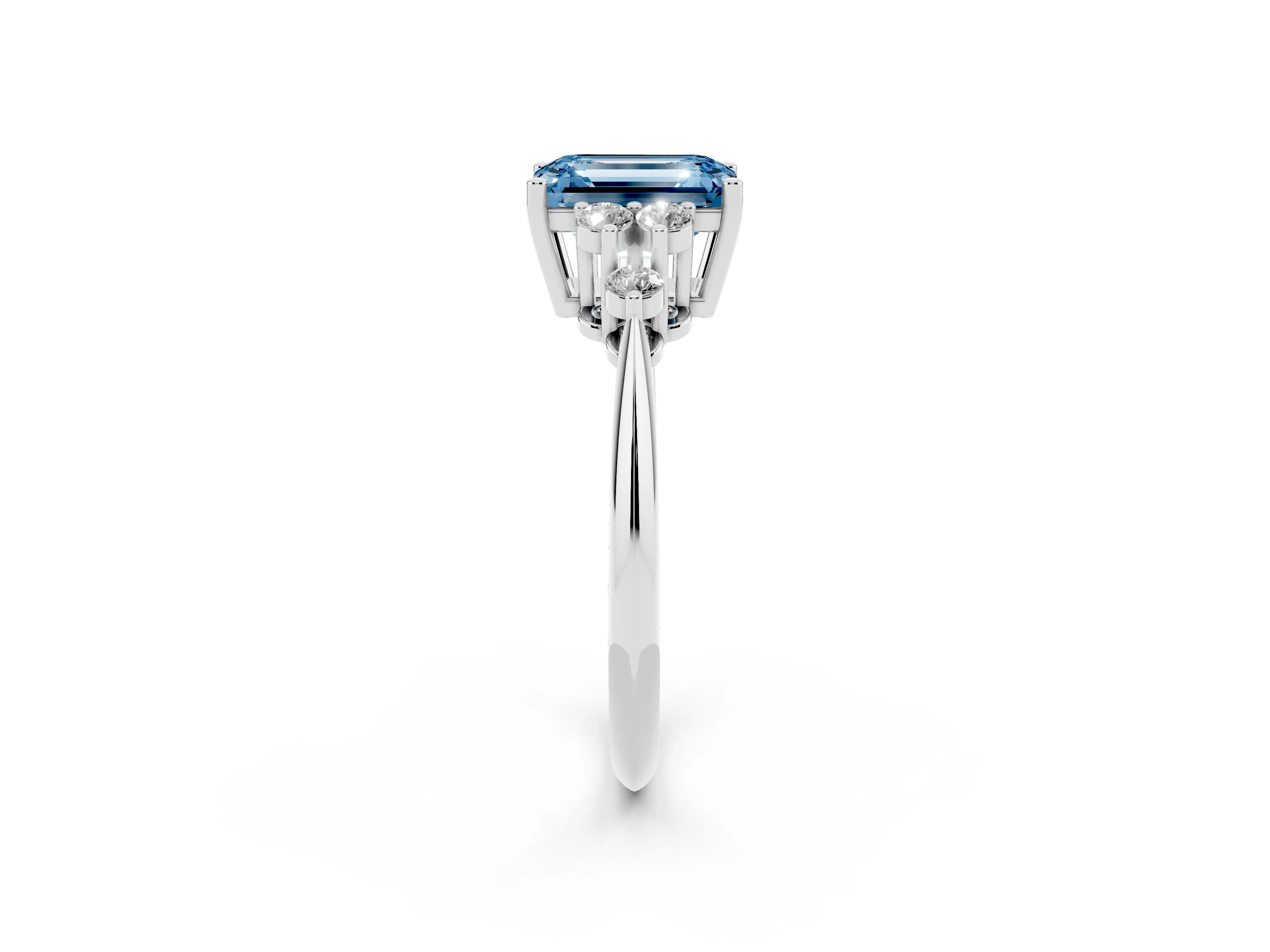 Fancy Blue Emerald Cut Diamond Cluster Ring Set in White gold with Plain Band and Prong Setting