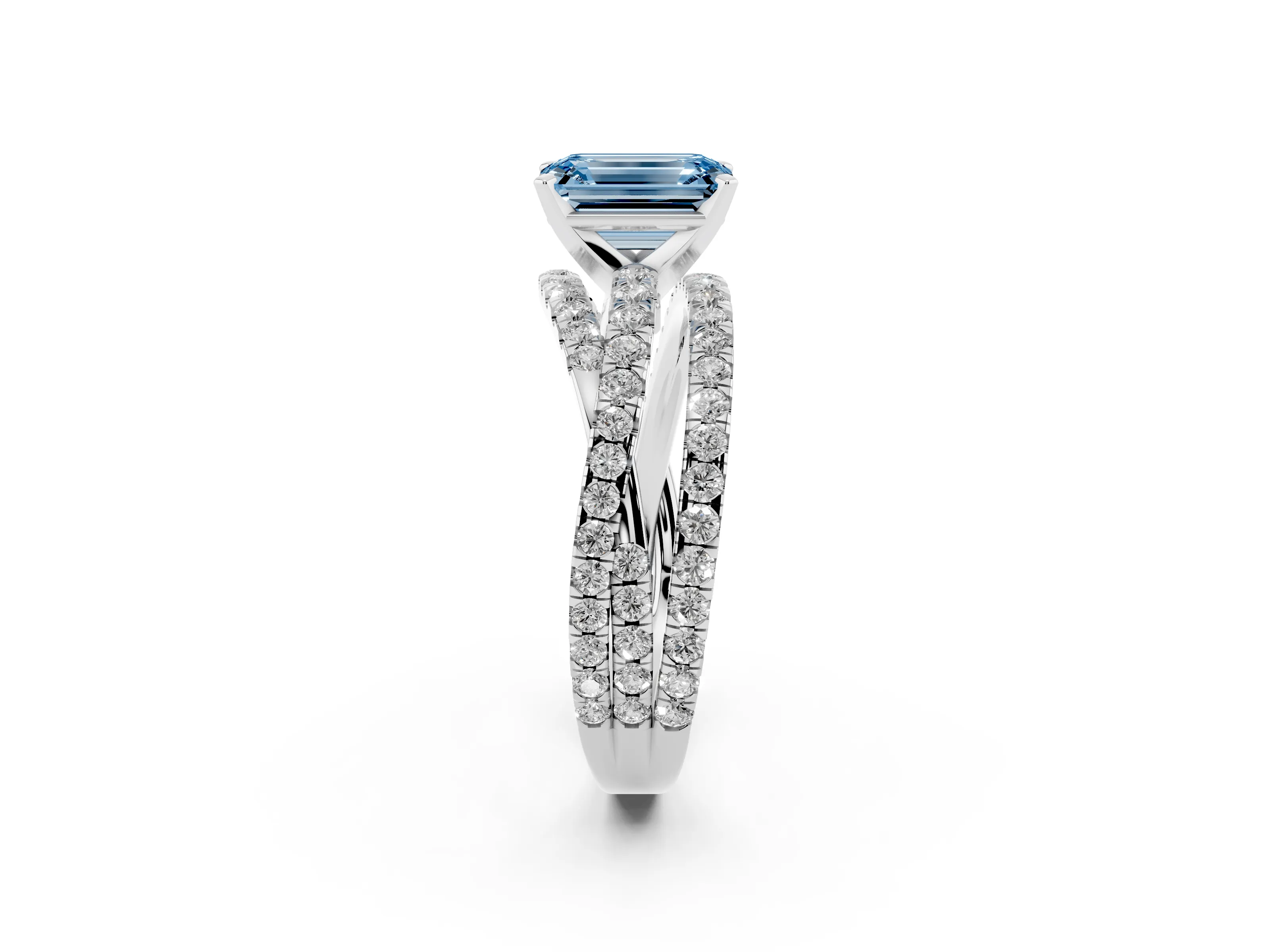 Fancy Blue Emerald Cut Diamond Solitaire Twist Band Ring Set in White gold with Pavé Setting and Prong Head