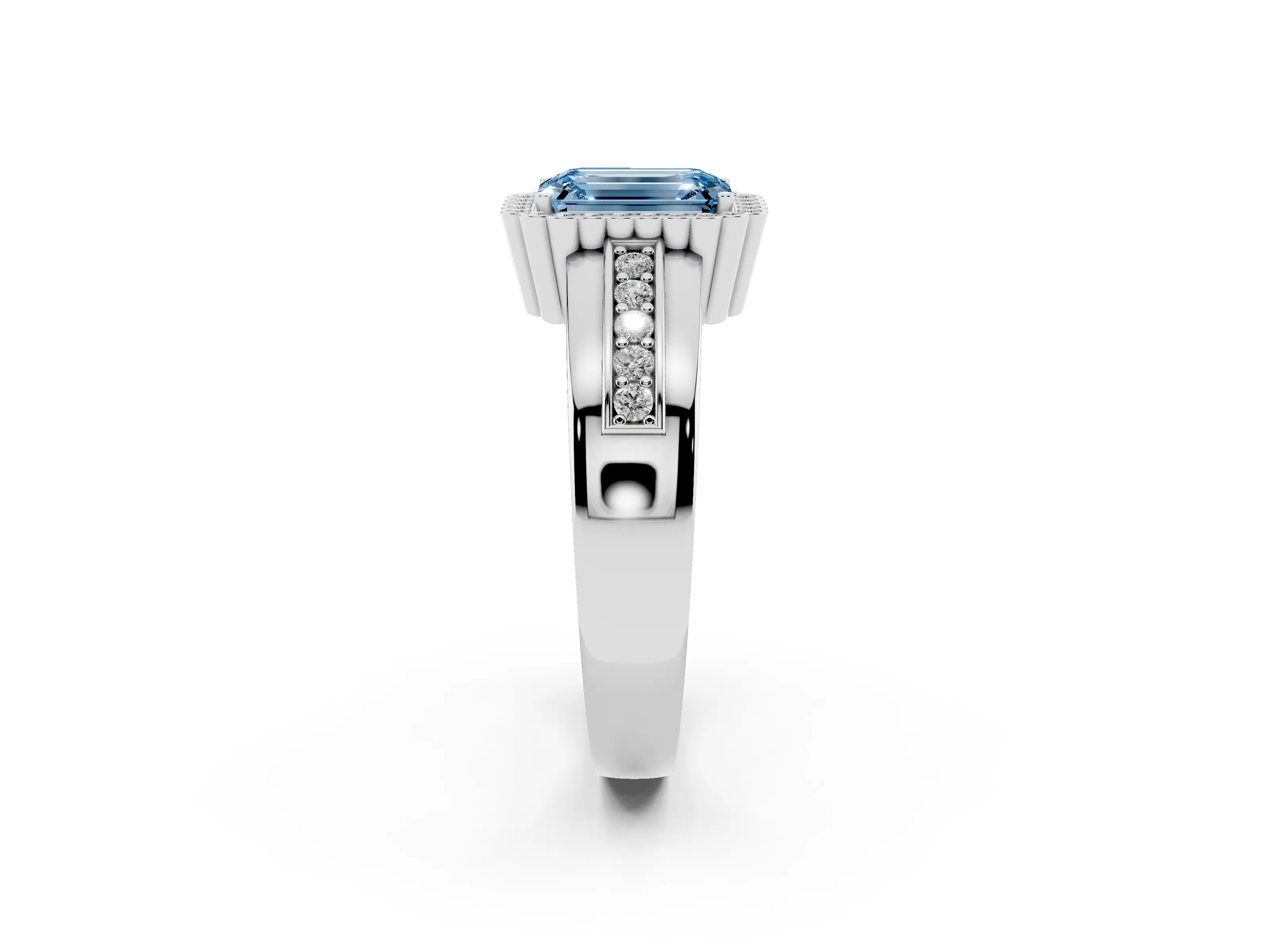 Fancy Blue Emerald Cut Diamond Halo Prong Ring Set in White gold with Pavé Band