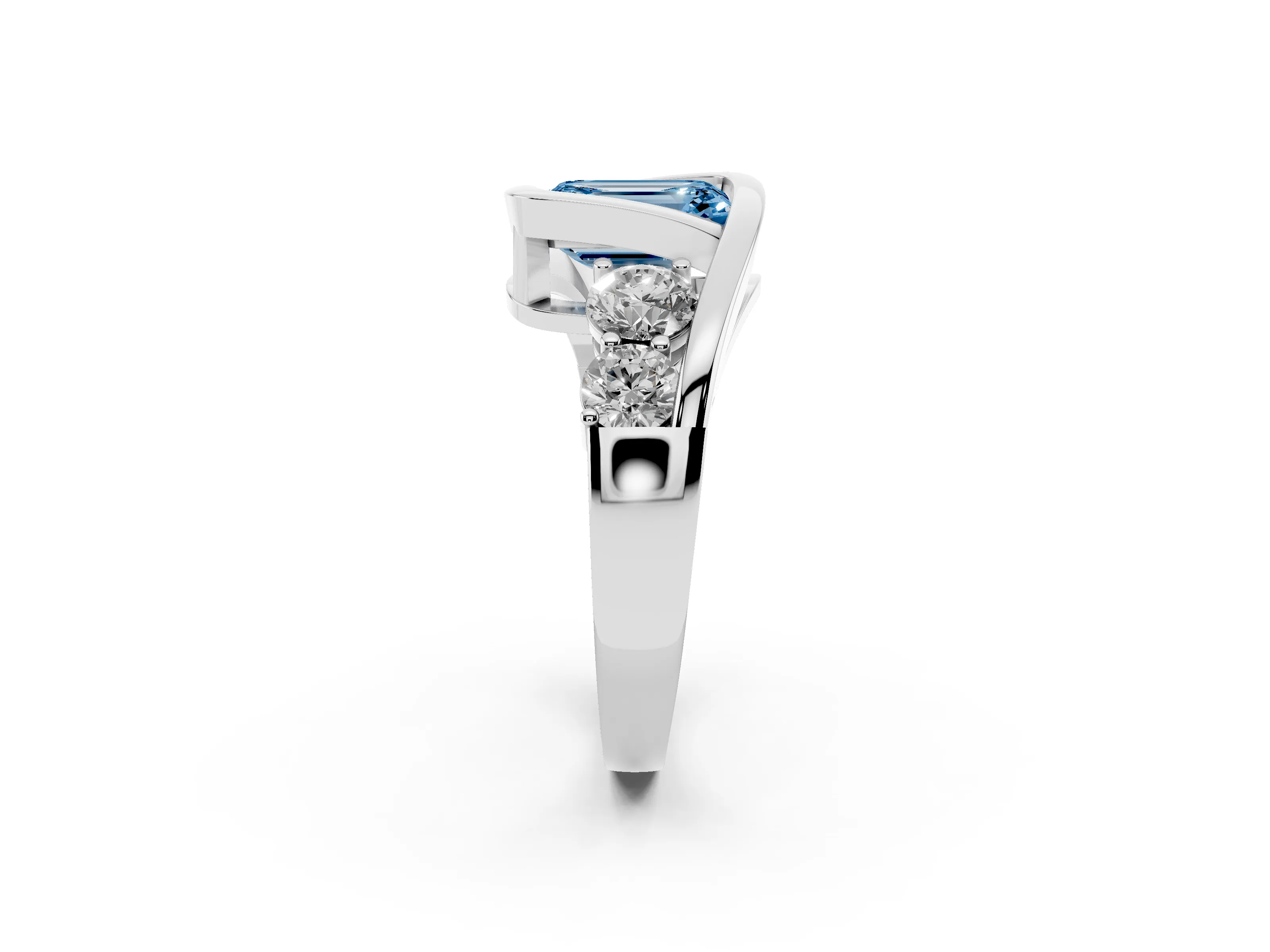Fancy Blue Emerald Cut Diamond Bezel Bypass Ring Set in Silver with Round Accents