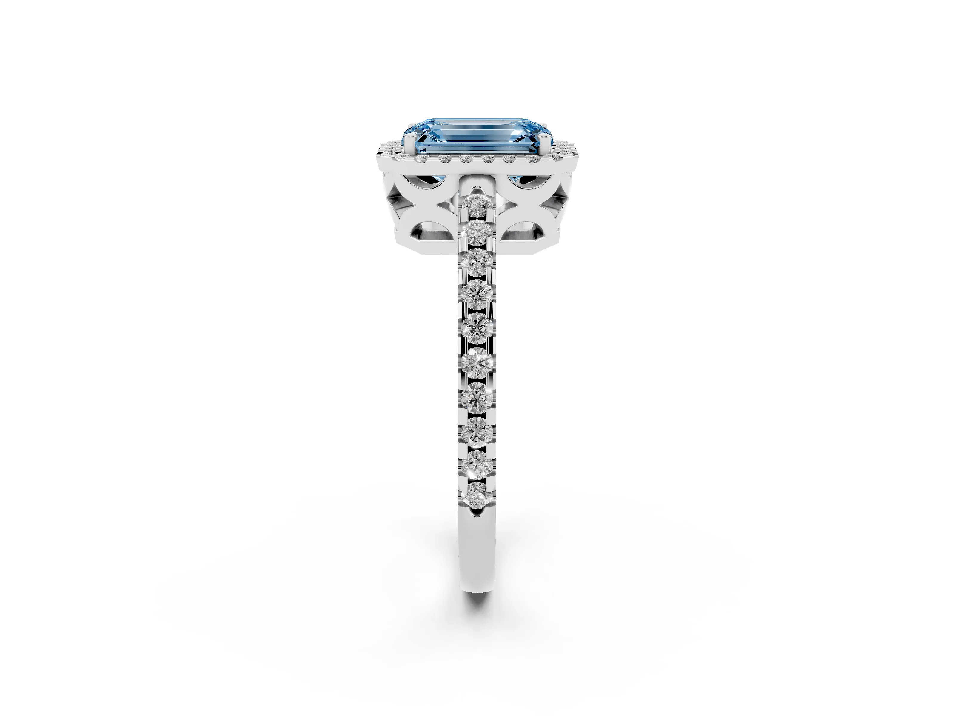 Fancy Blue Emerald Cut Diamond Halo Ring Set in White gold with Pavé Shoulders and Halo-Framed Center