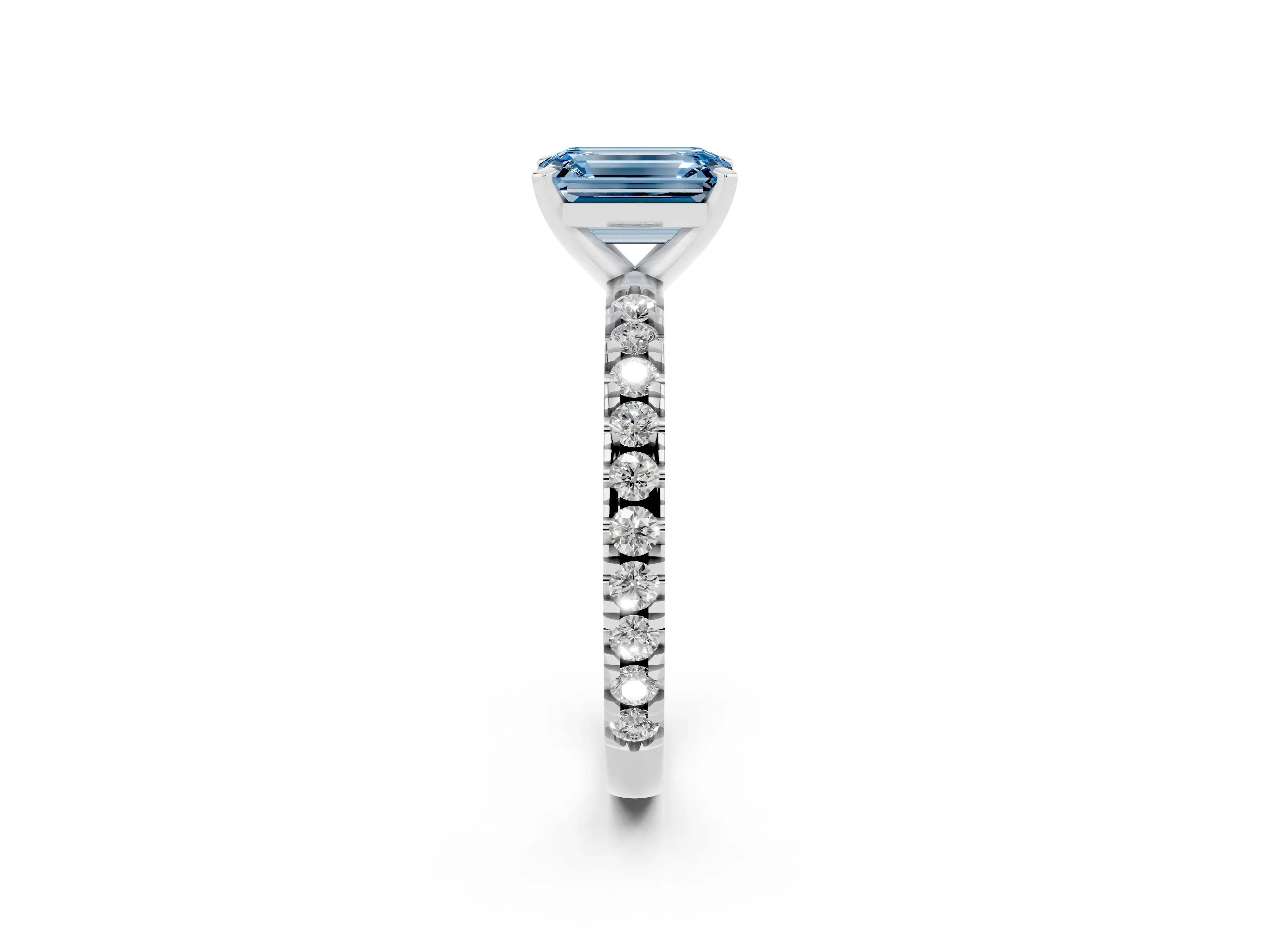Fancy Blue Emerald Cut Diamond Pavé Band Solitaire Set in Platinum with Prong Setting