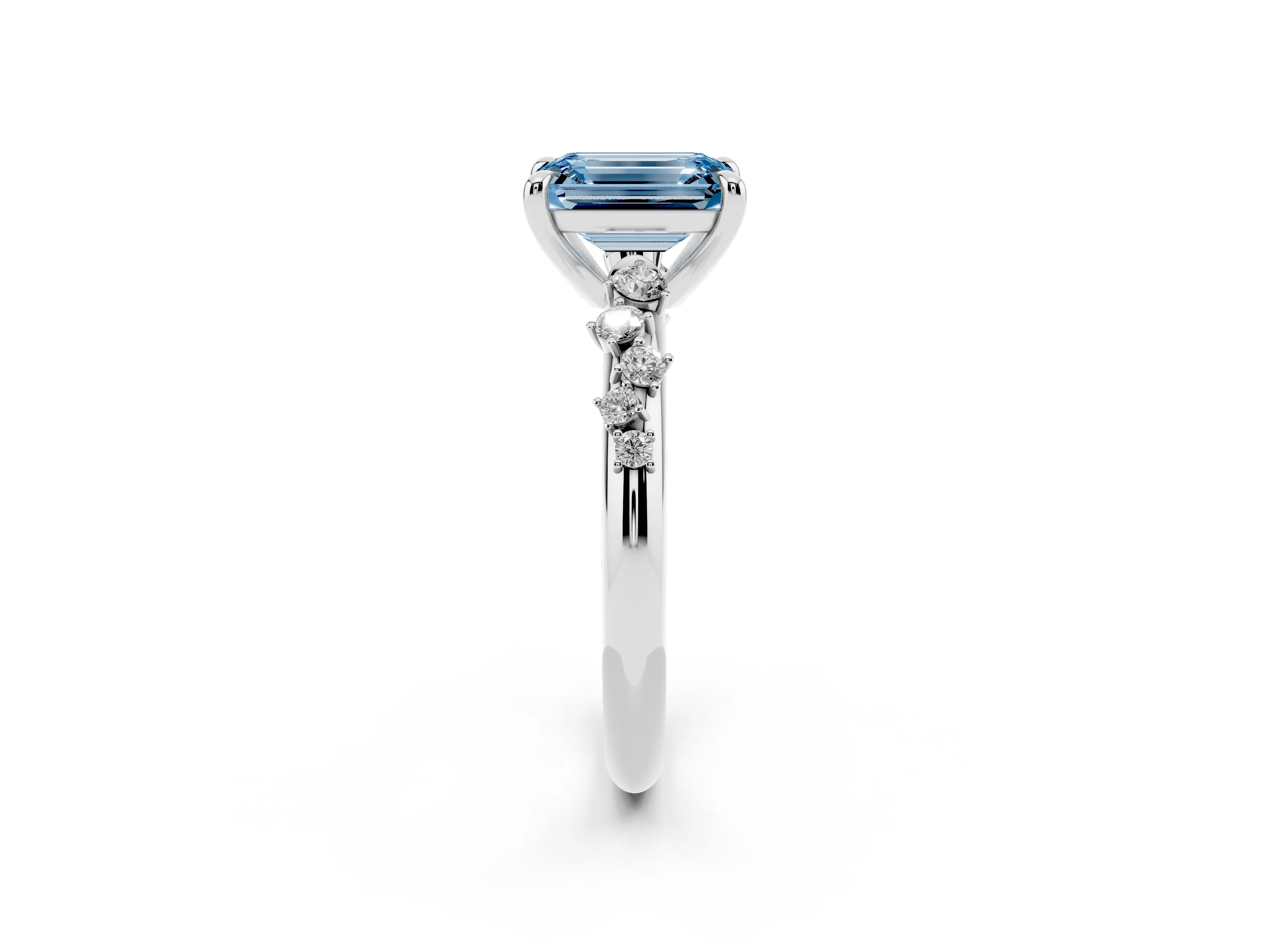 Fancy Blue Emerald Cut Diamond Solitaire Vine Band Ring Set in Platinum with Round Accents and Prong Setting