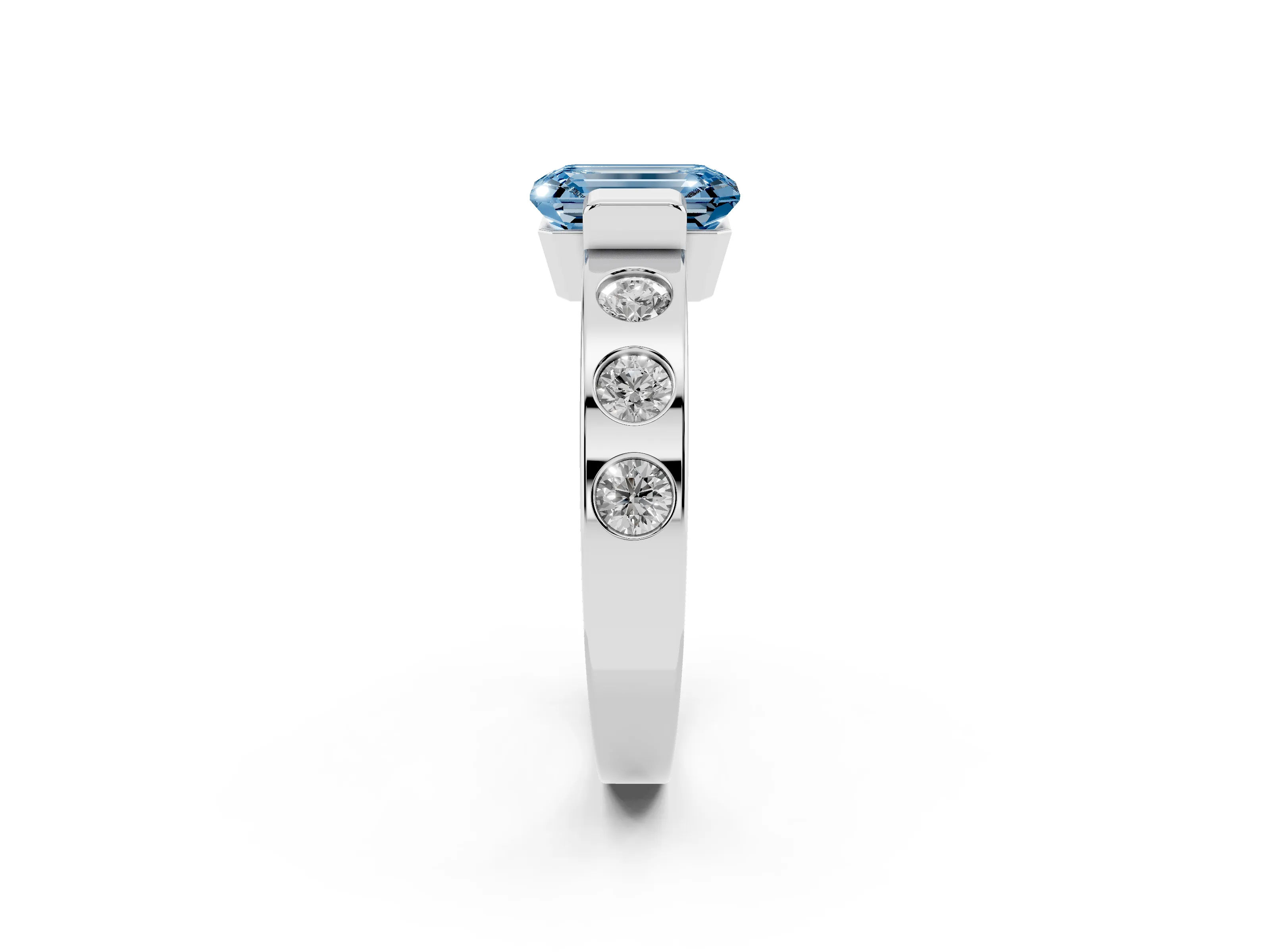 Fancy Blue Emerald Cut Diamond Channel-Set Band Ring Set in Platinum with Bezel Prong Setting