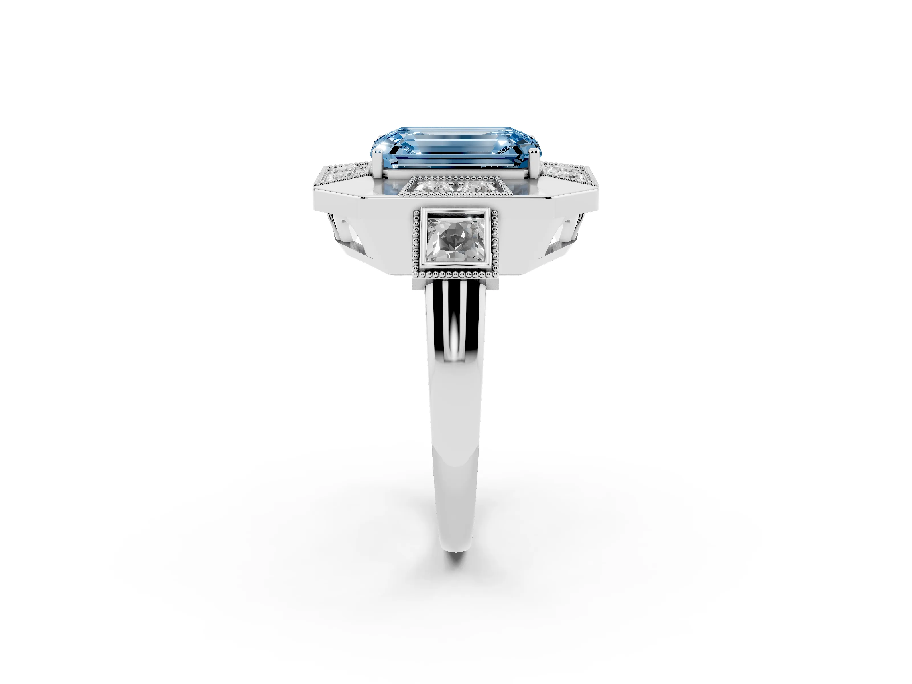 Fancy Blue Emerald Cut Diamond Milgrain Halo Ring Set in Platinum with Split Shank