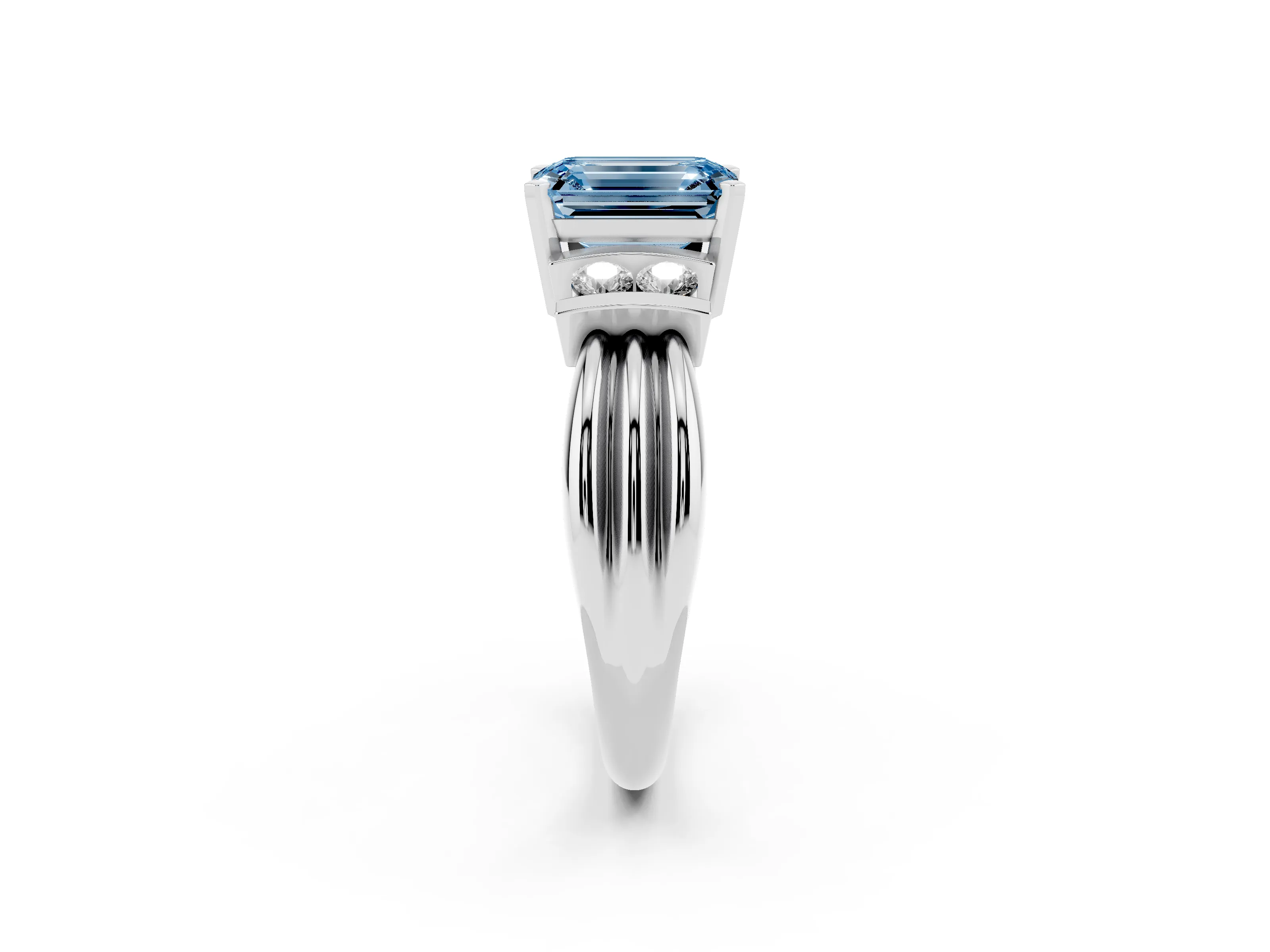 Fancy Blue Three-Stone Emerald Cut Diamond Channel Set Ring Set in Silver with Bar Prongs