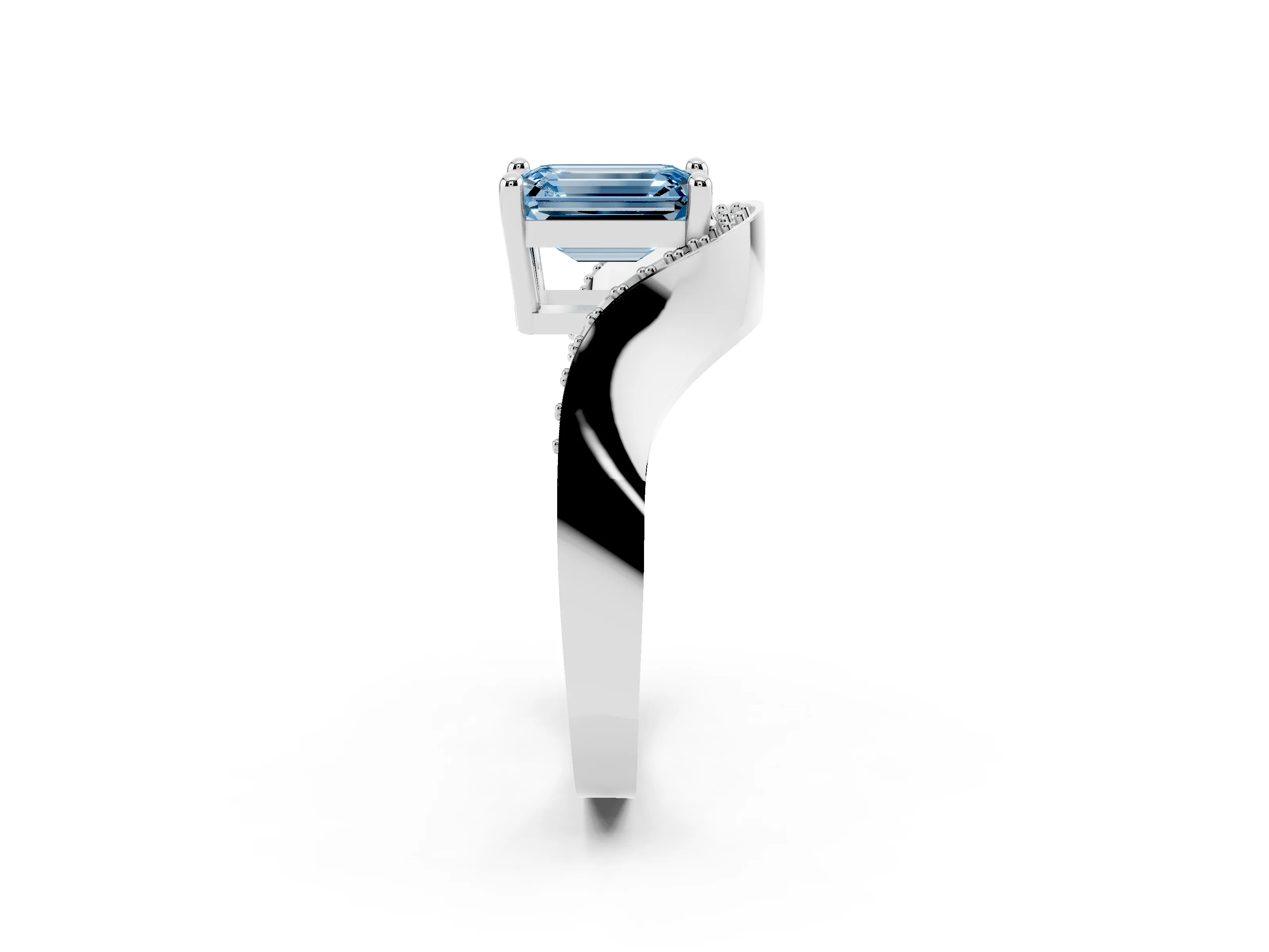 Fancy Blue Emerald Cut Diamond Solitaire Engagement Ring Set in Silver with Pavé Shoulders