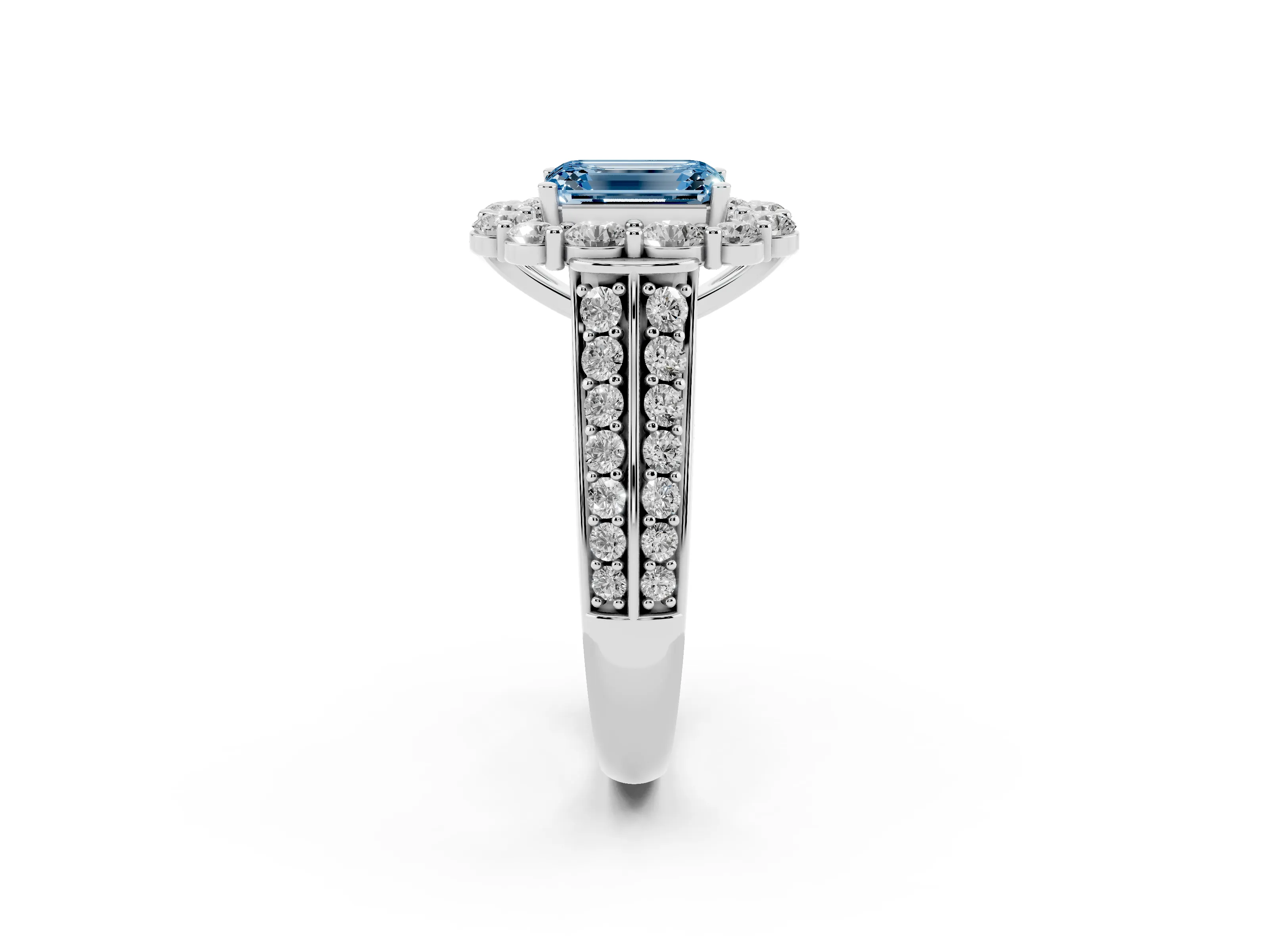 Fancy Blue Emerald Cut Diamond Halo Engagement Ring Set in Platinum with Split Shank and Prong Setting