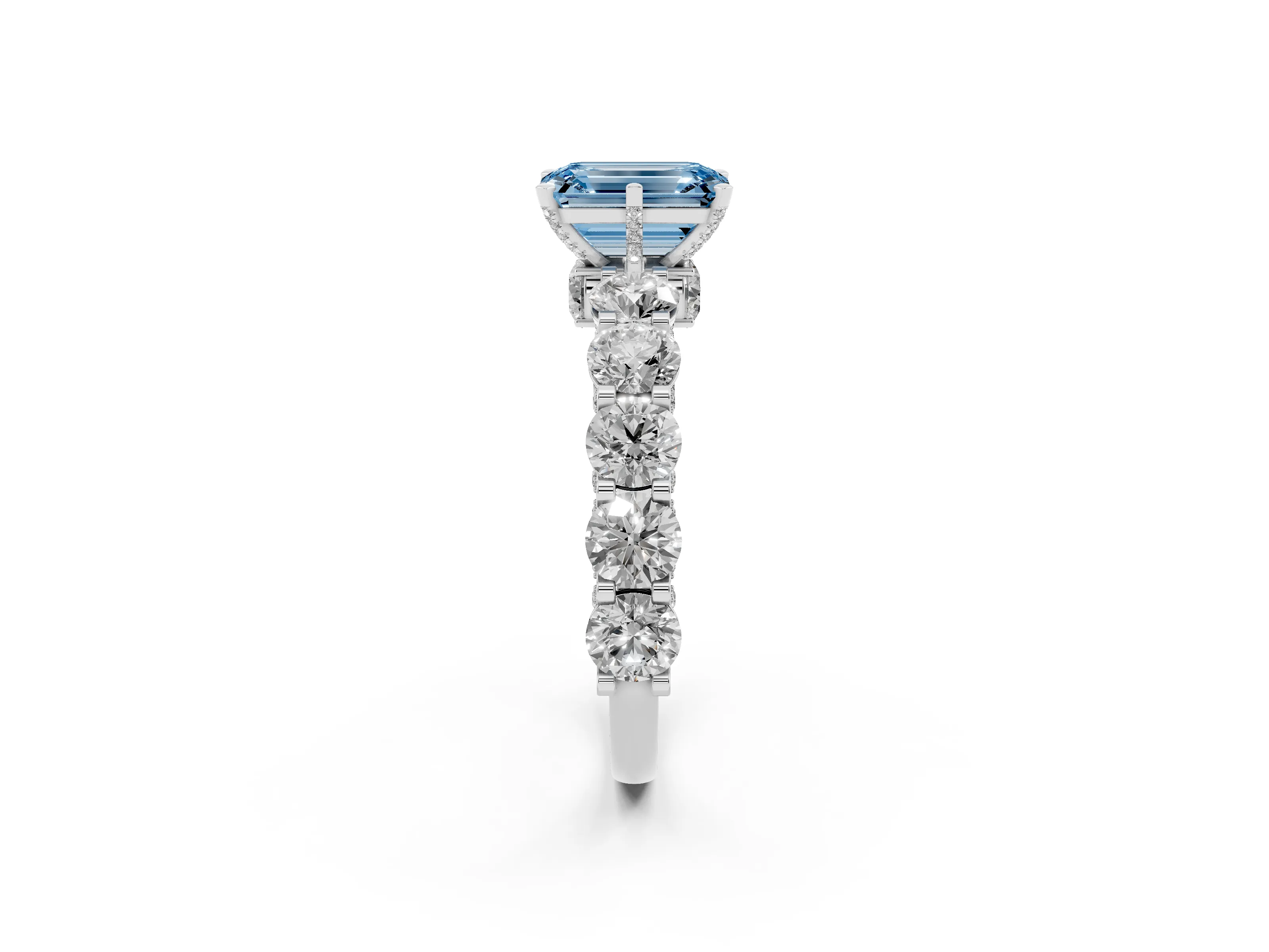 Fancy Blue Emerald Cut Diamond Side Stone Ring Set in White gold with Alternating Round and Oval Side Stones