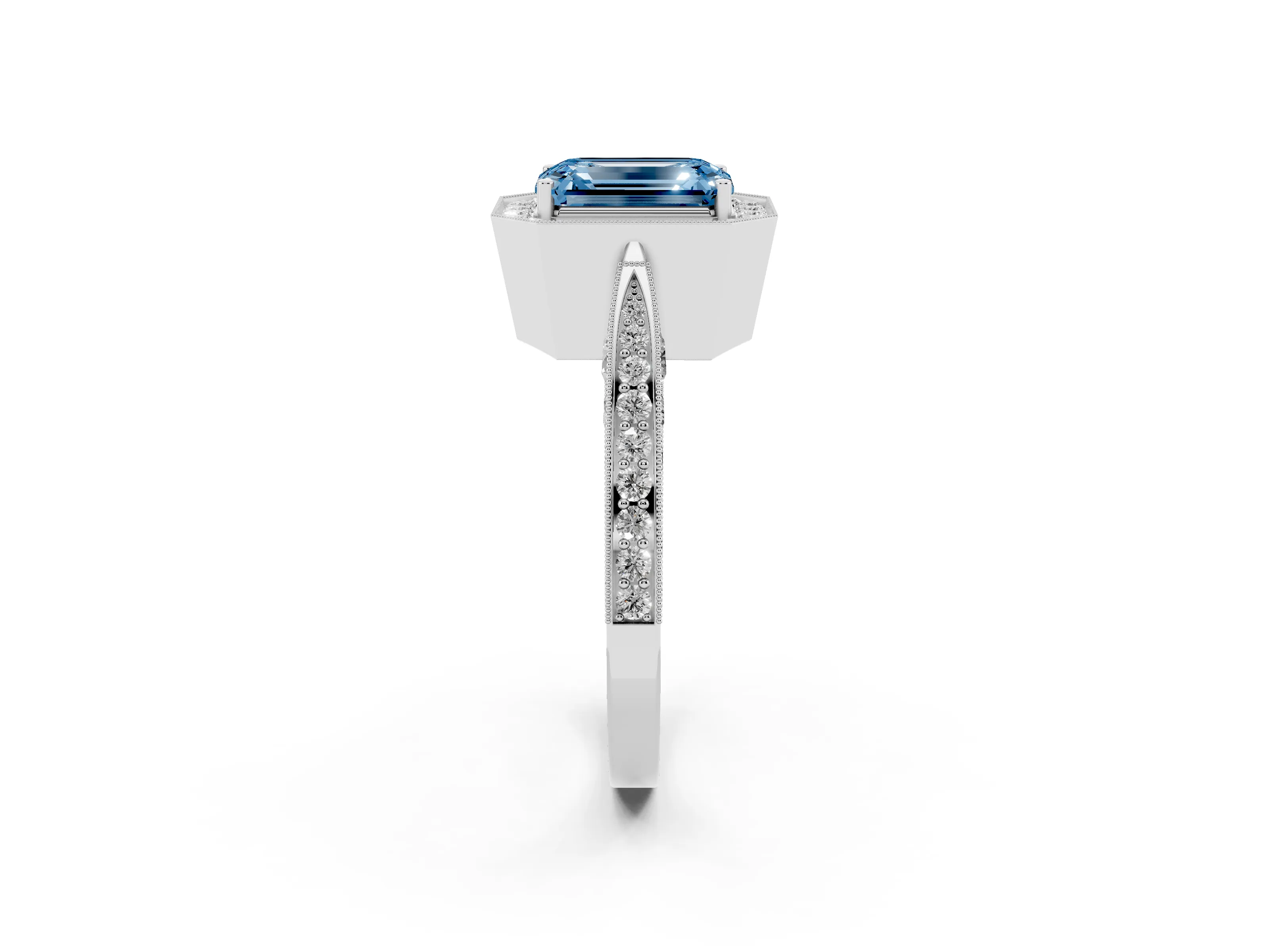 Fancy Blue Emerald Cut Diamond Halo Engagement Ring Set in Silver with Accent Split Shank Band