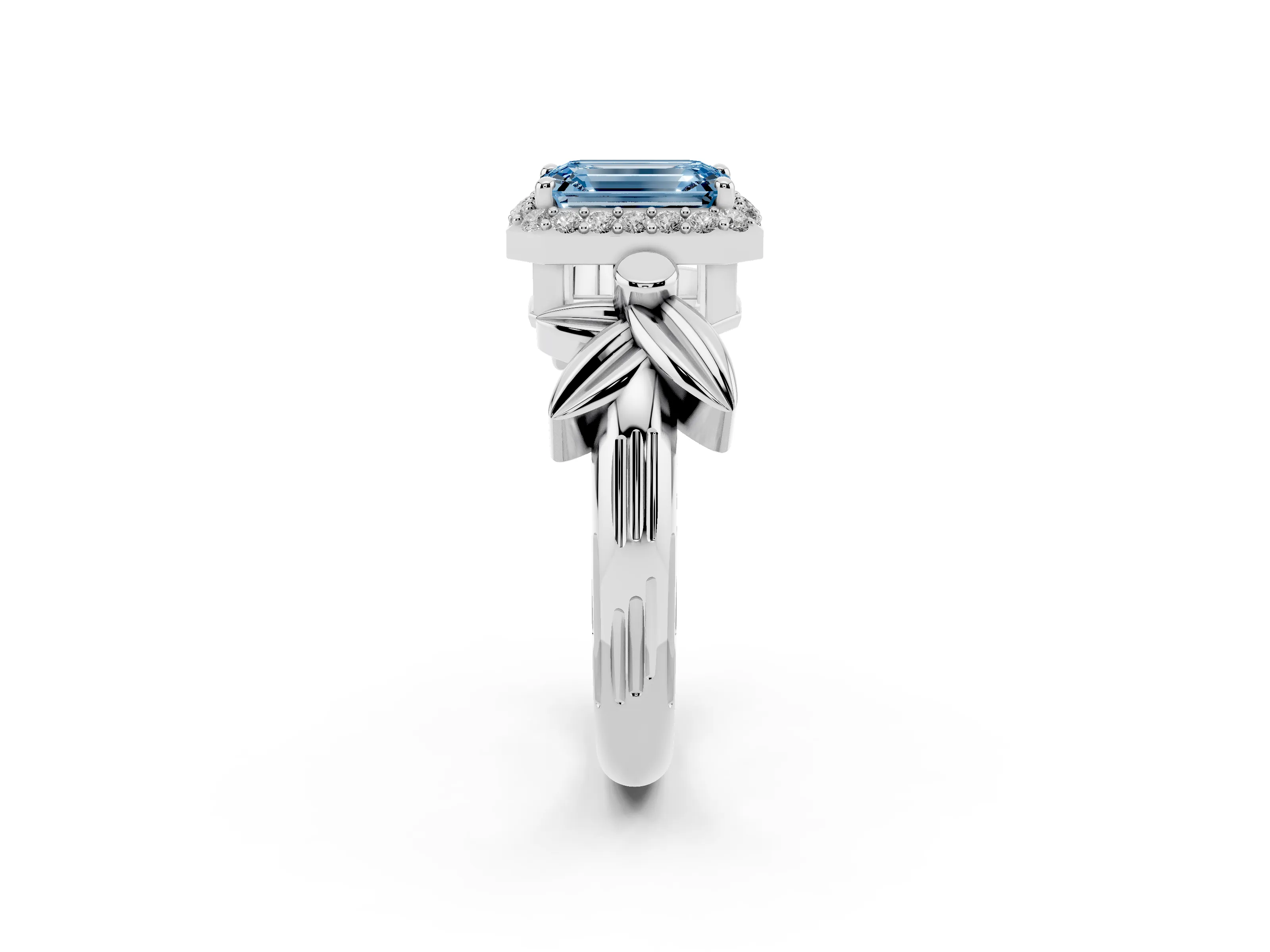 Fancy Blue Emerald Cut Diamond Halo Floral Band Ring Set in White gold with Prong Setting