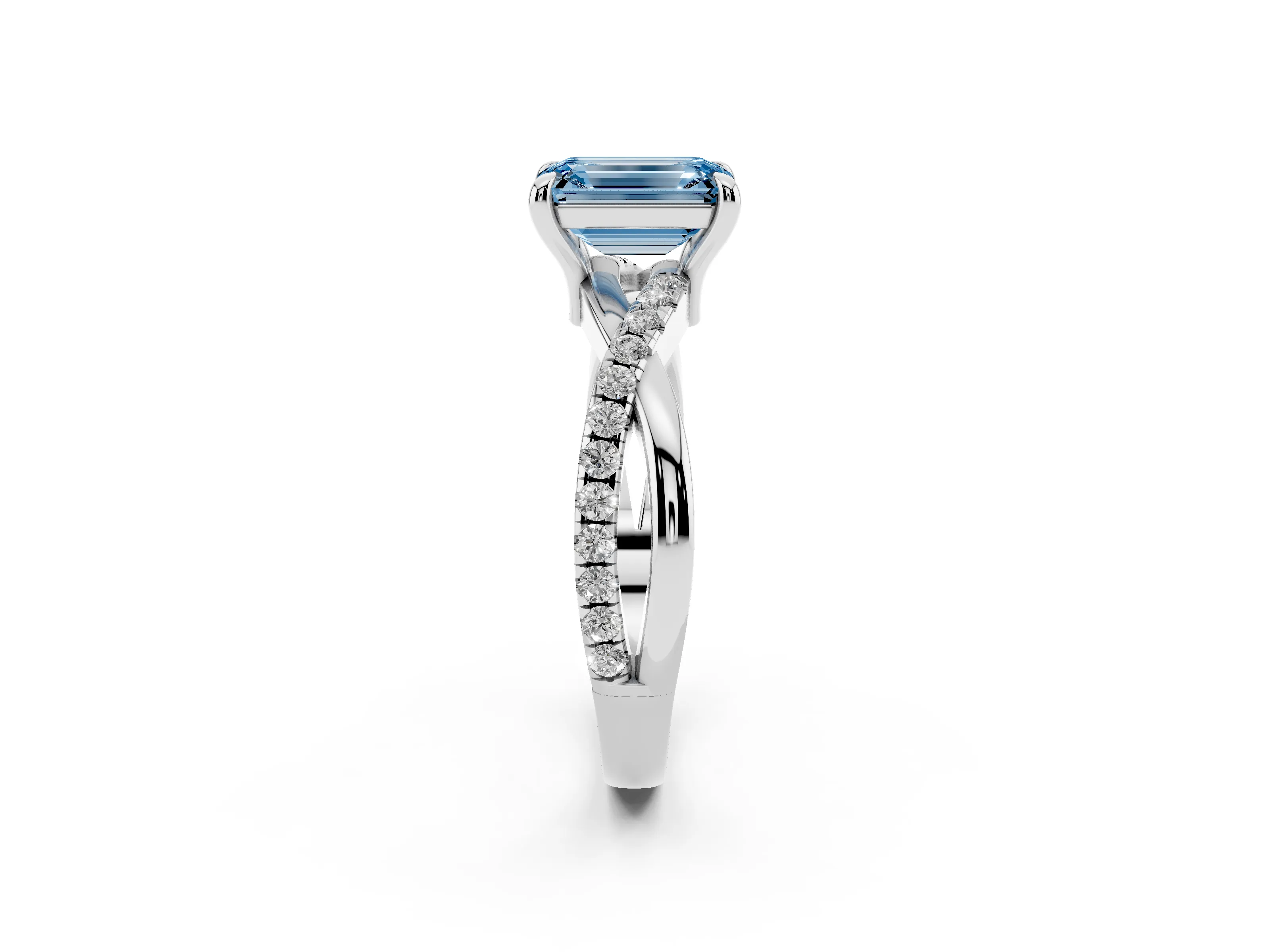 Fancy Blue Emerald Cut Diamond Twist Band Solitaire Set in White gold with Pavé Accents and Prong Setting