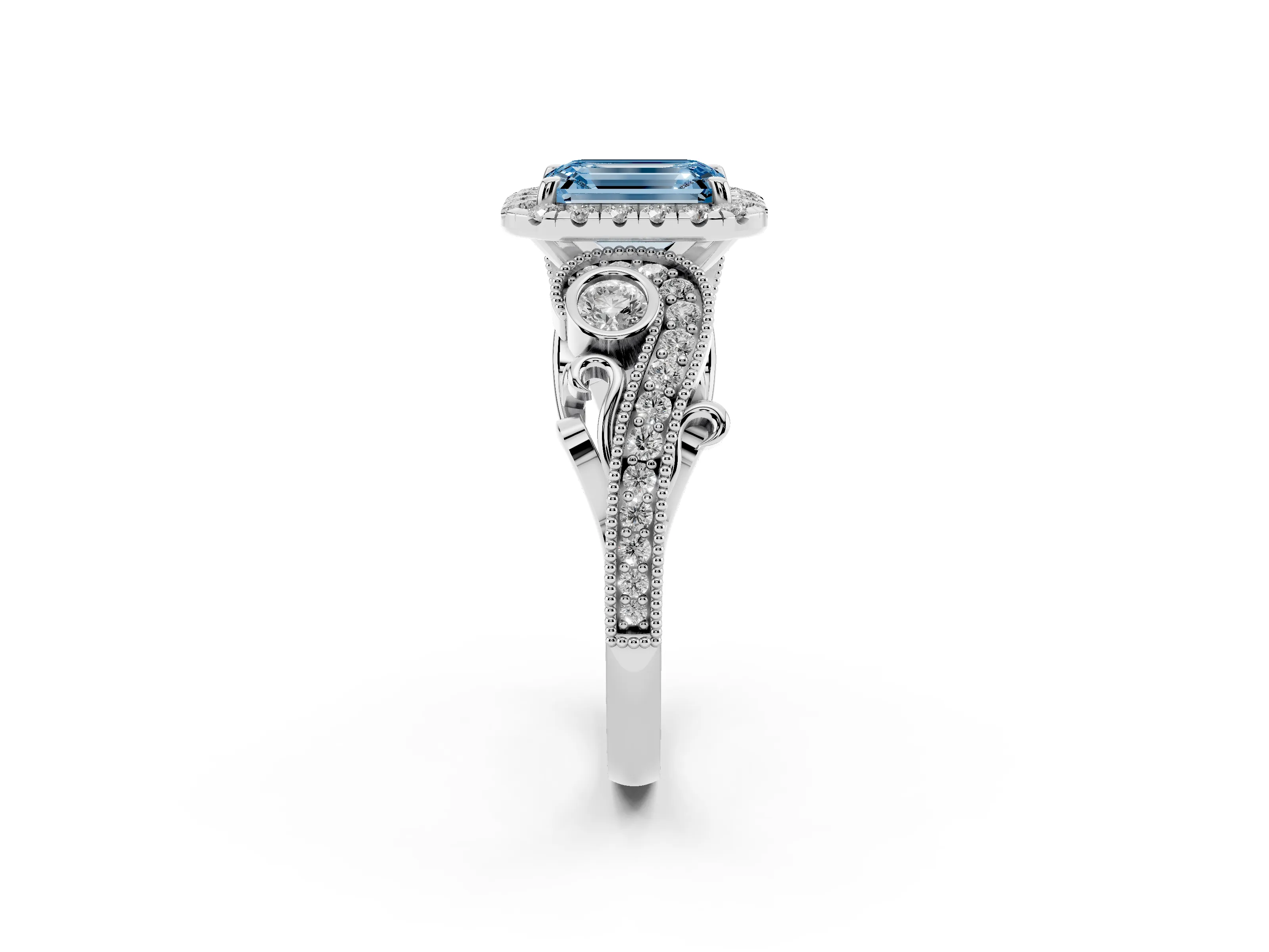 Fancy Blue Emerald Cut Diamond Halo Ring Set in Platinum with Milgrain Pavé Band and Prong Setting