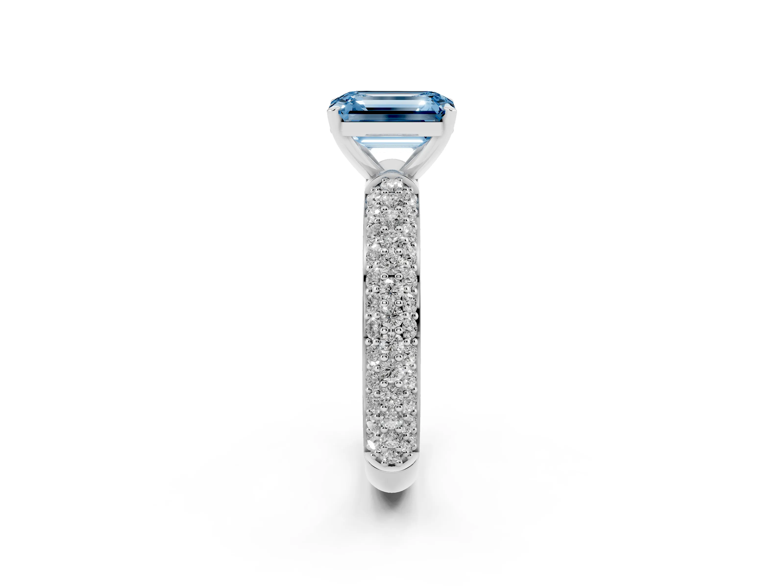 Fancy Blue Emerald Cut Diamond Solitaire Ring Set in Silver with Prong Setting and Pavé-Set Band