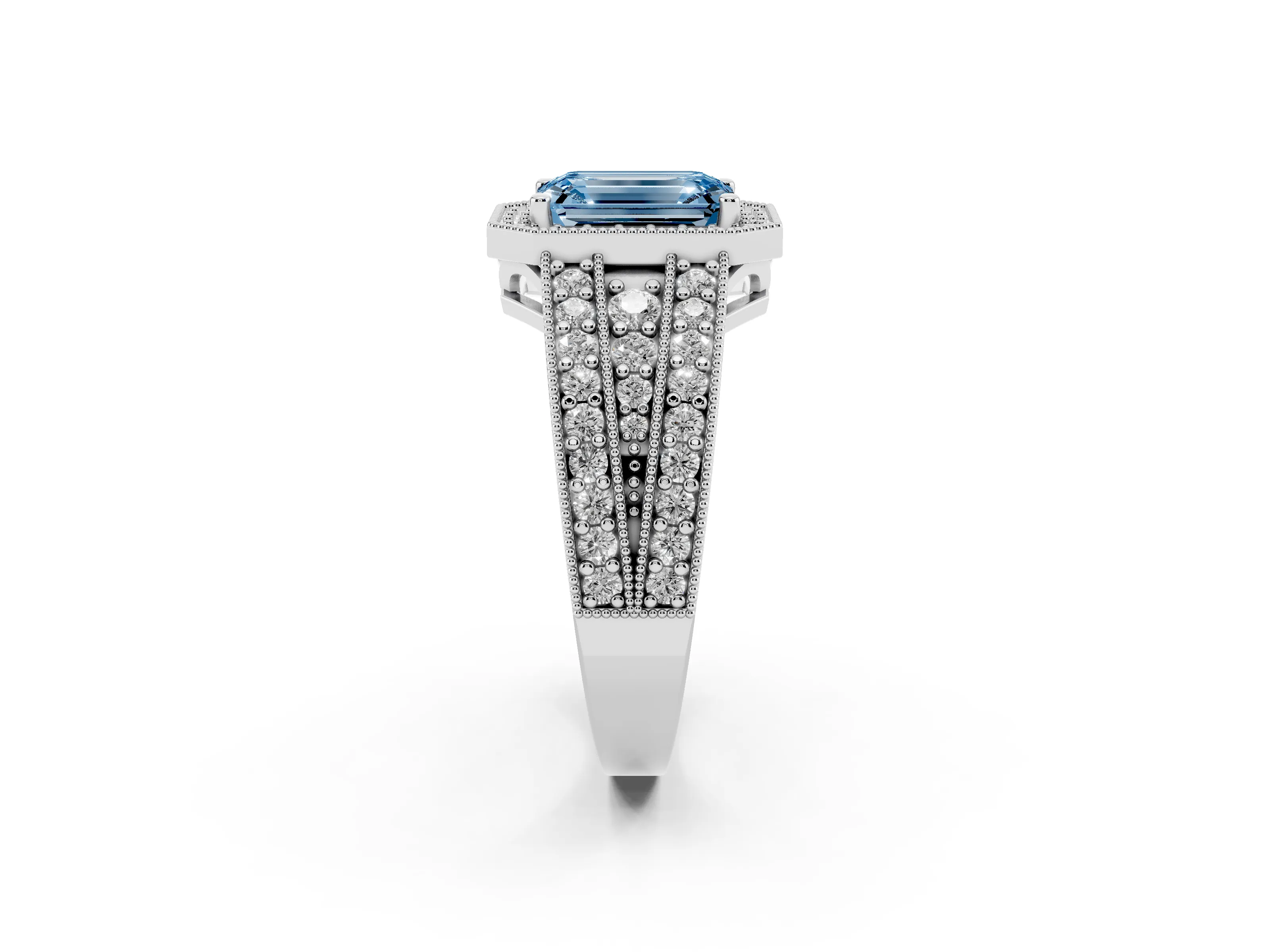 Fancy Blue Emerald Cut Diamond Halo Ring Set in Silver with Accent Split Shank and Prong Setting