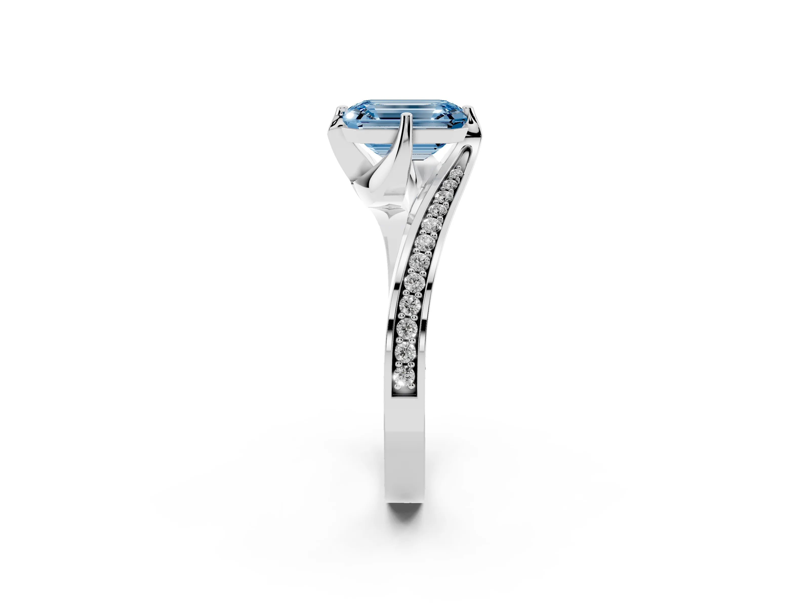 Fancy Blue Emerald Cut Diamond Solitaire Ring Set in Platinum with Intertwined Pavé Twist Band