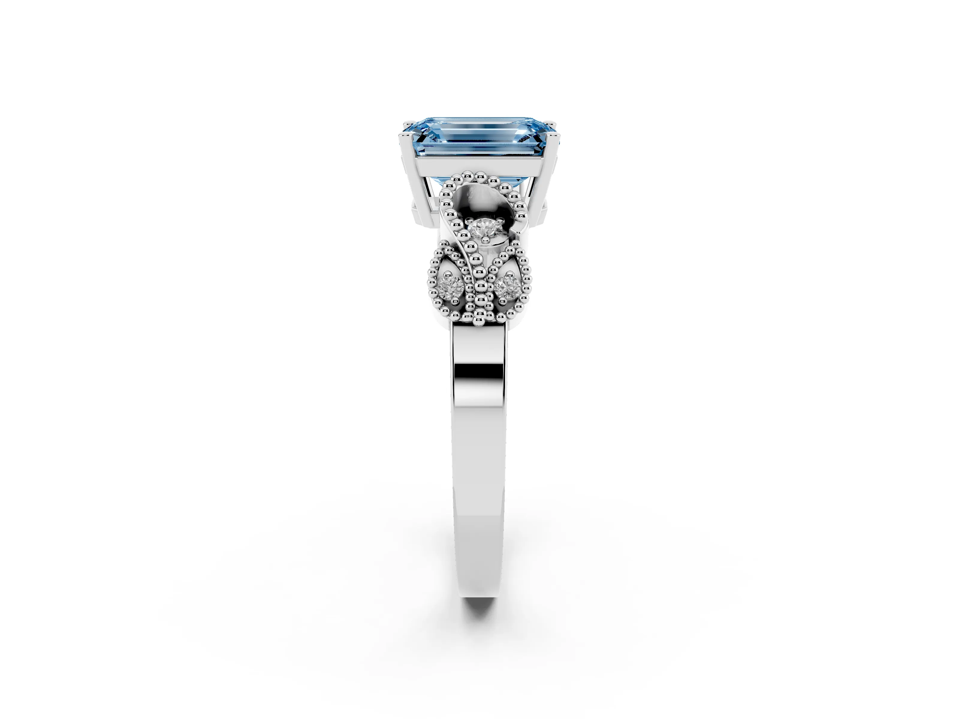 Fancy Blue Emerald Cut Diamond Milgrain Leaf Band Solitaire Ring Set in White gold with Accent Stones and Prong Setting