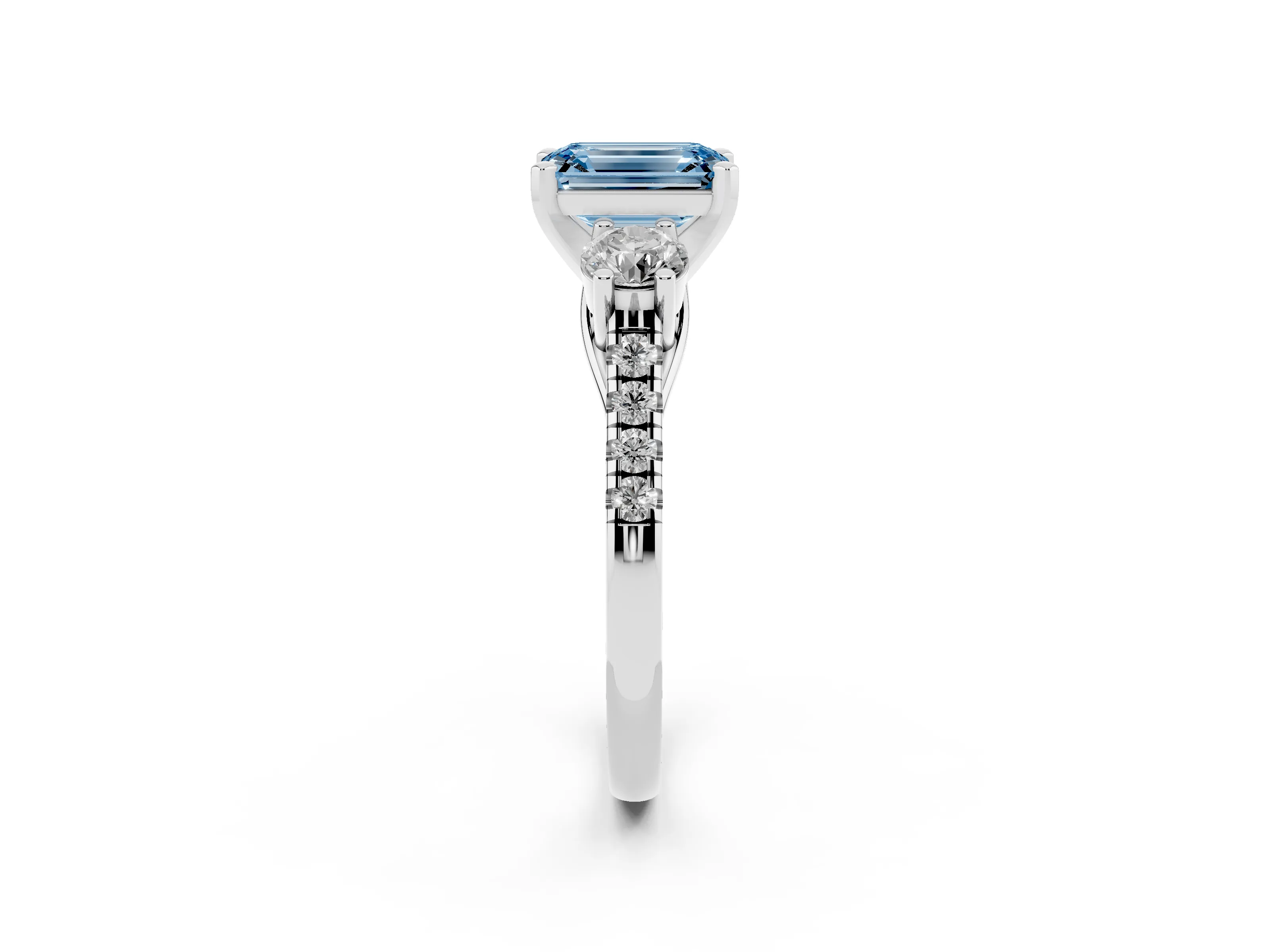 Fancy Blue Three-Stone Emerald Cut Diamond Pavé Band Ring Set in Platinum with Prong-Set Trio
