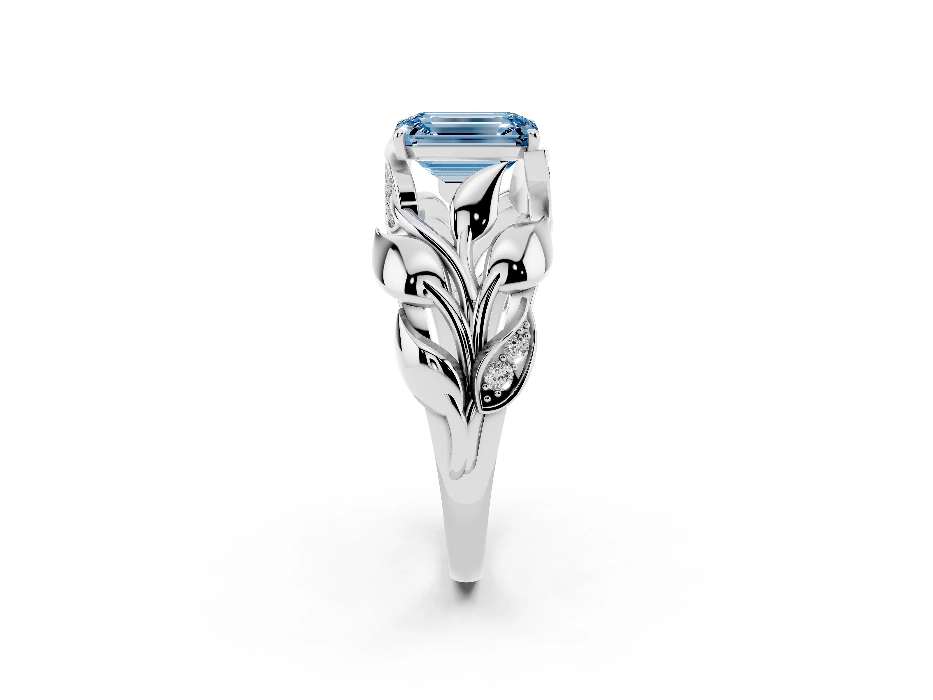 Fancy Blue Emerald Cut Diamond Leaf-Inspired Engagement Ring Set in Silver with Round Accents