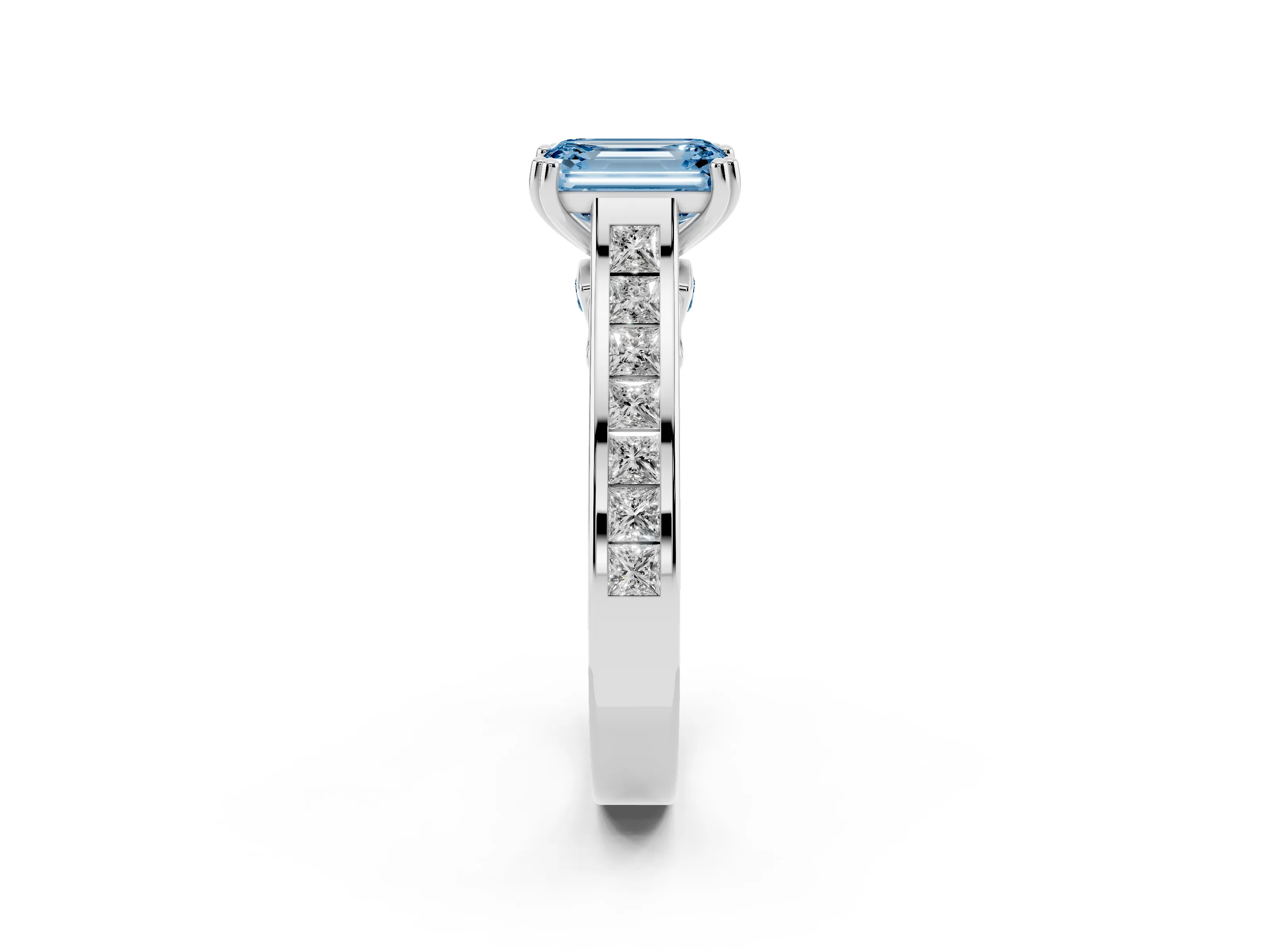 Fancy Blue Emerald Cut Diamond Channel Set Solitaire Engagement Ring Set in Platinum with Prong Setting